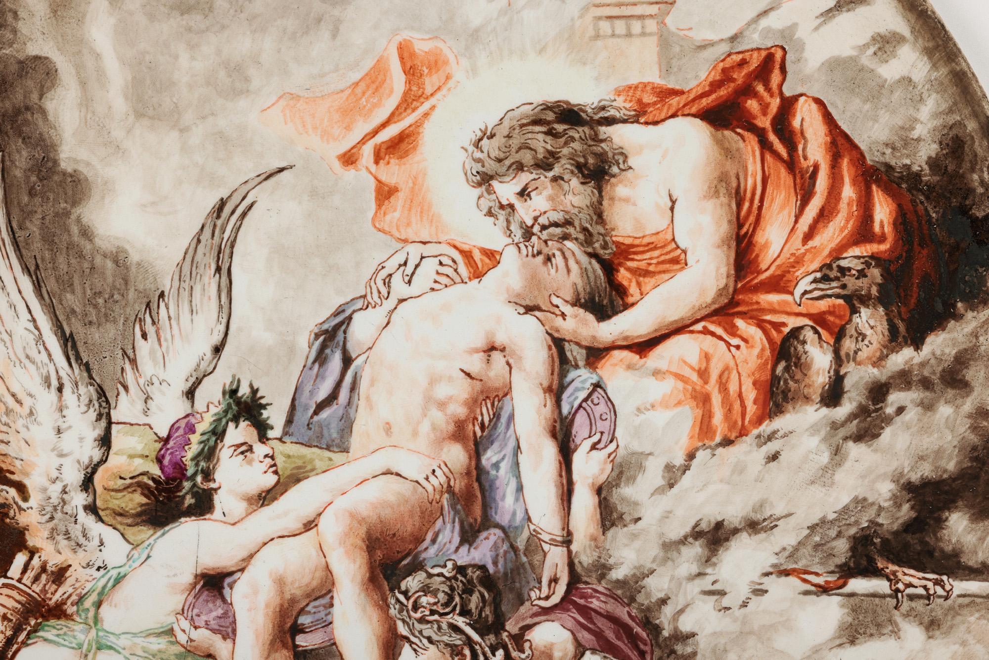 Hand-Painted H Boulenger & Cie Exceptional Hand Painted Heavenly Scene Ceramic Plaque For Sale