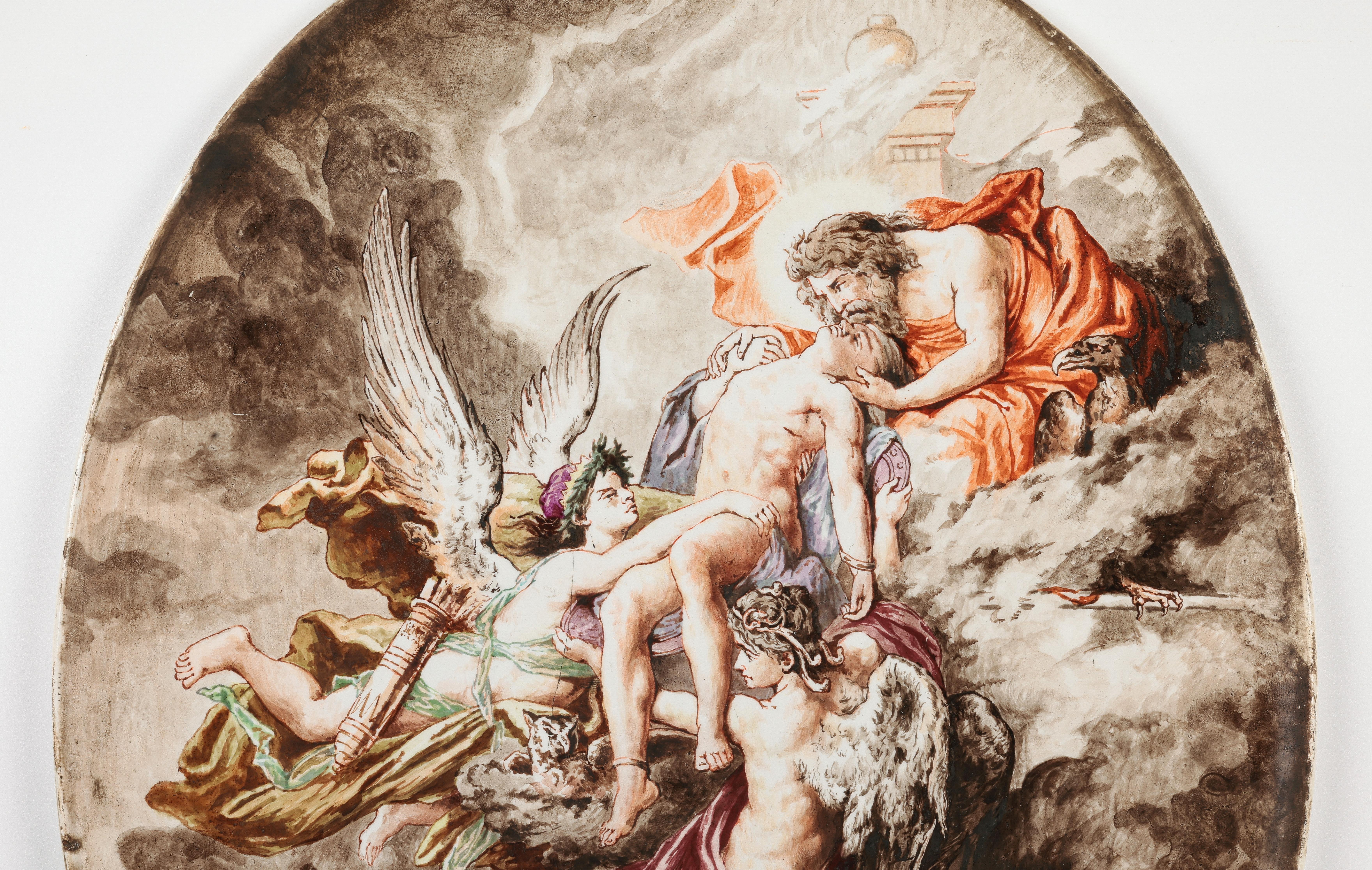 H Boulenger & Cie Exceptional Hand Painted Heavenly Scene Ceramic Plaque In Good Condition For Sale In Bishop's Stortford, Hertfordshire