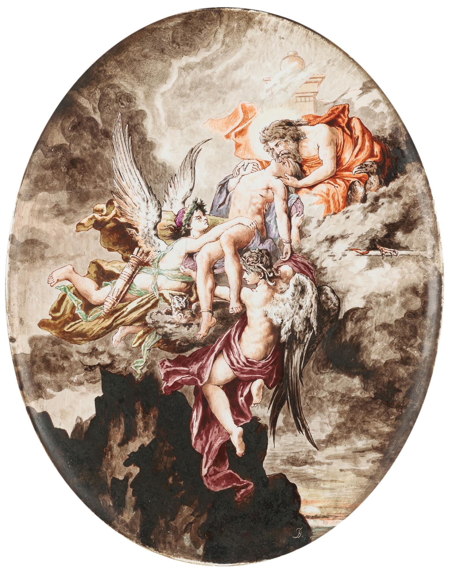 19th Century H Boulenger & Cie Exceptional Hand Painted Heavenly Scene Ceramic Plaque For Sale