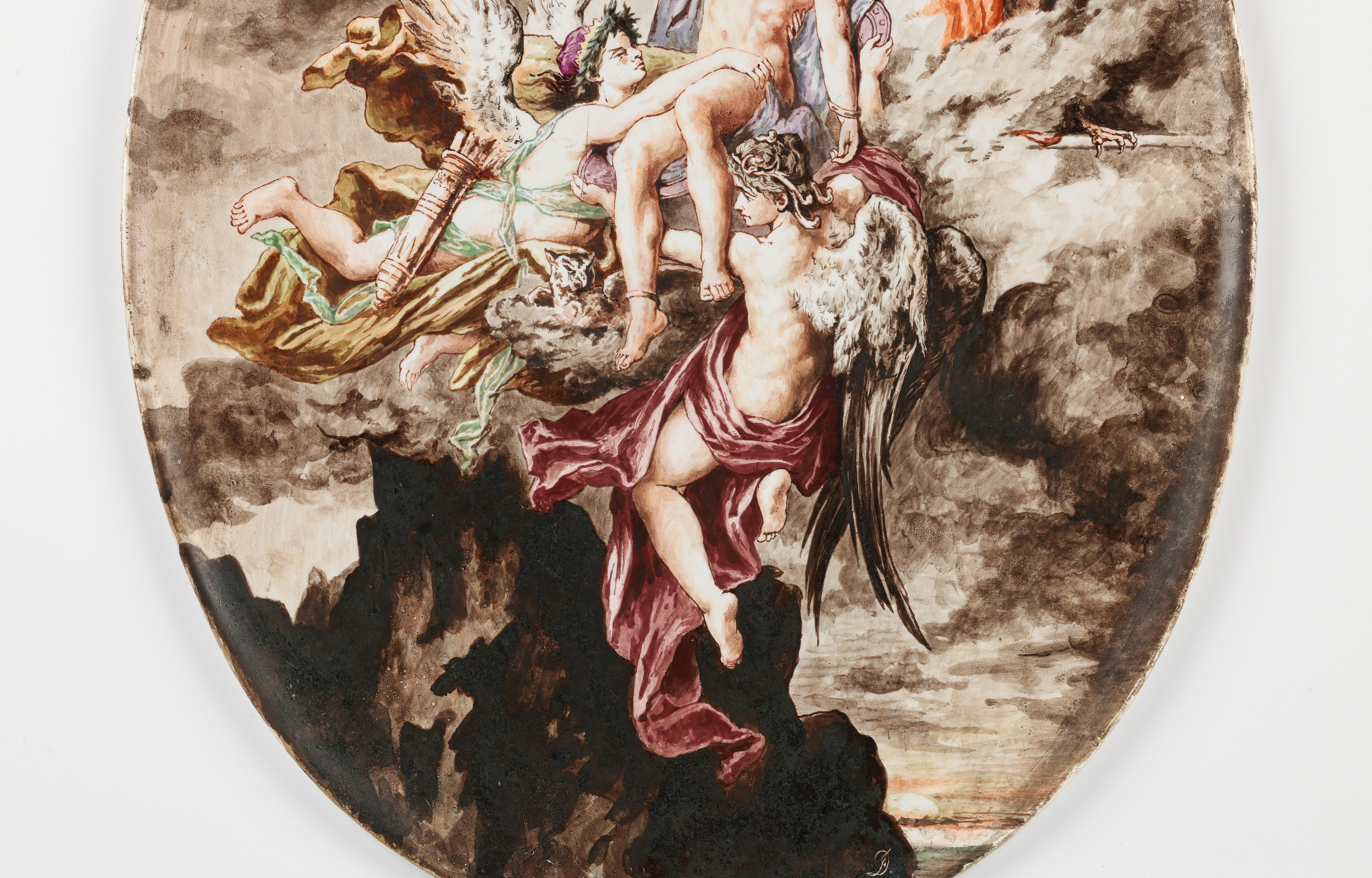 H Boulenger & Cie Exceptional Hand Painted Heavenly Scene Ceramic Plaque For Sale 1