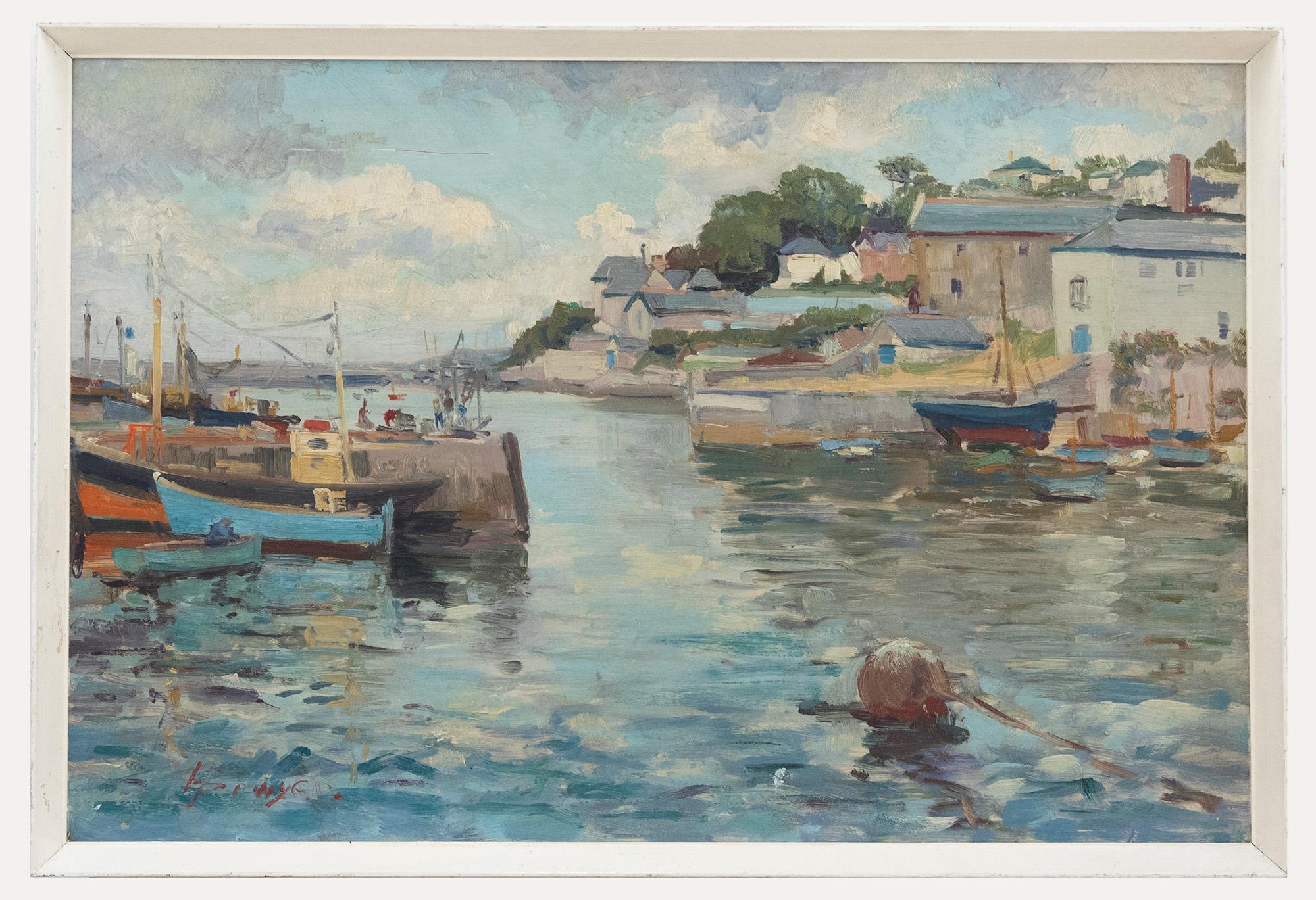 A charming study of a Cornish harbour with fishing boats moored along the shoreline. The artist captures the scene in a loose impressionist style using bursts of colour to bring a sense of vibrancy to the composition. Signed to the lower right.