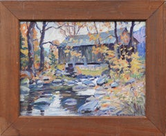 Antique American Impressionist Signed Fall Landscape Covered Bridge Oil Painting