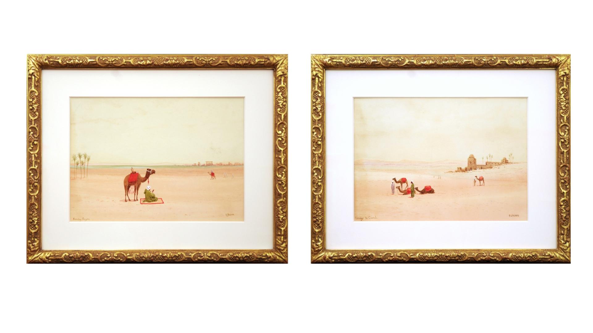 H Brahn Animal Painting – Paar orientalische Aquarelle, frühes 20. Jahrhundert