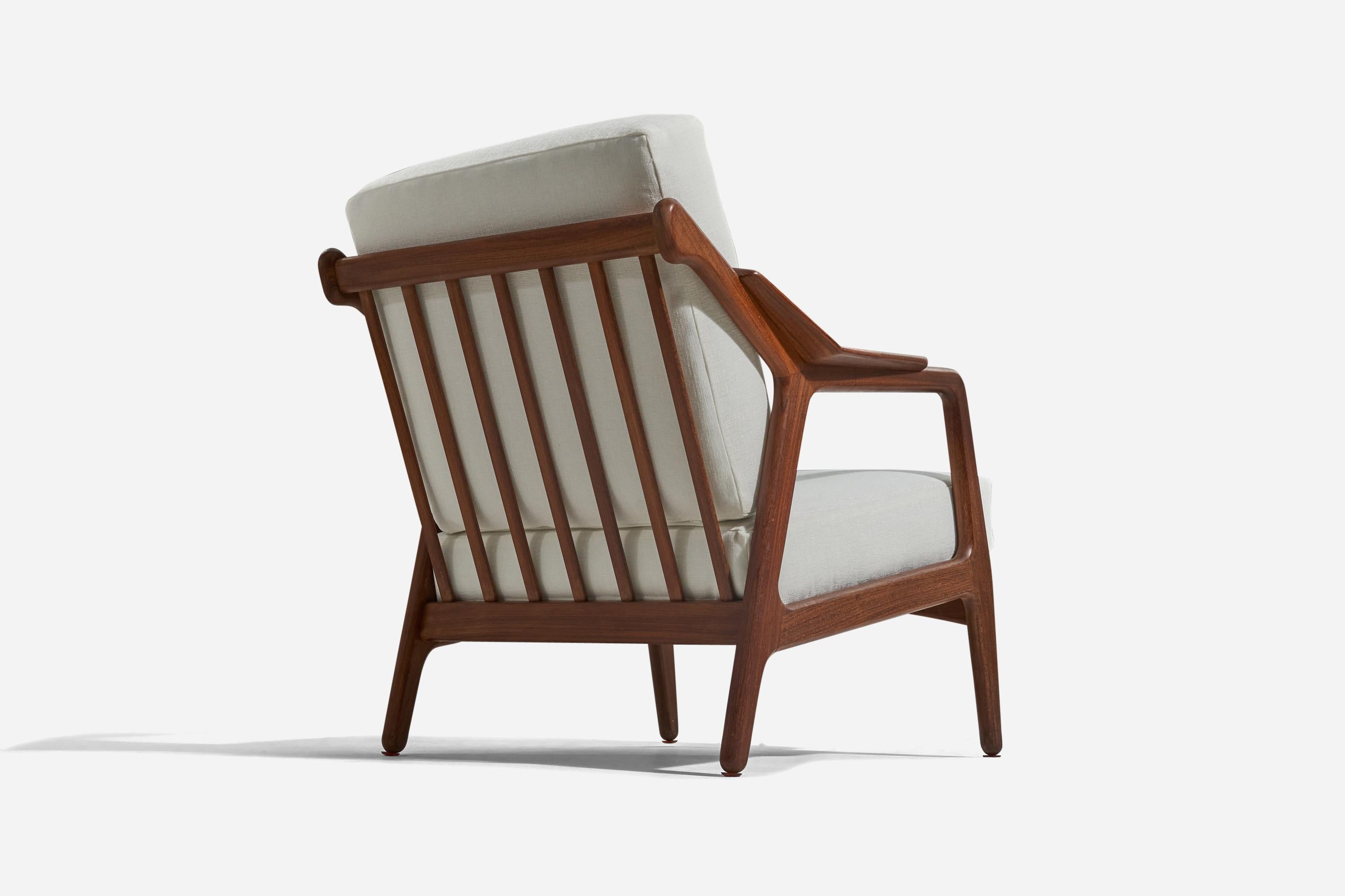 Danish H. Brockman Petersen, Lounge Chairs, Wood, White Fabric, Denmark, 1960s