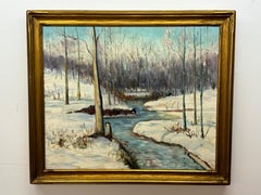 Antique River Scene Winter Landscape Painting 