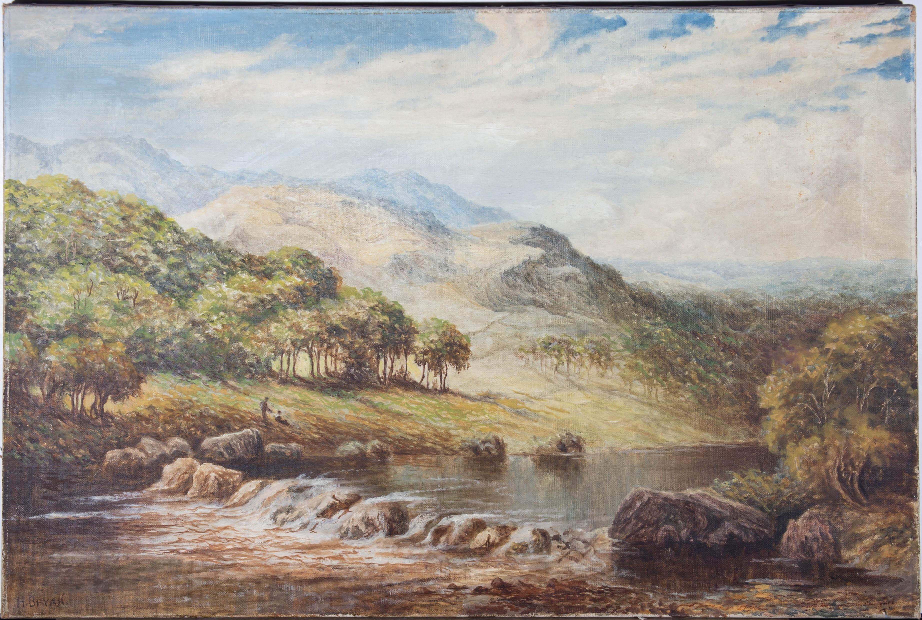 A beautiful early 20th Century oil landscape showing a calm river in the foothills of a mountain range, running over a rocky damn. The artist has signed to the lower left.
