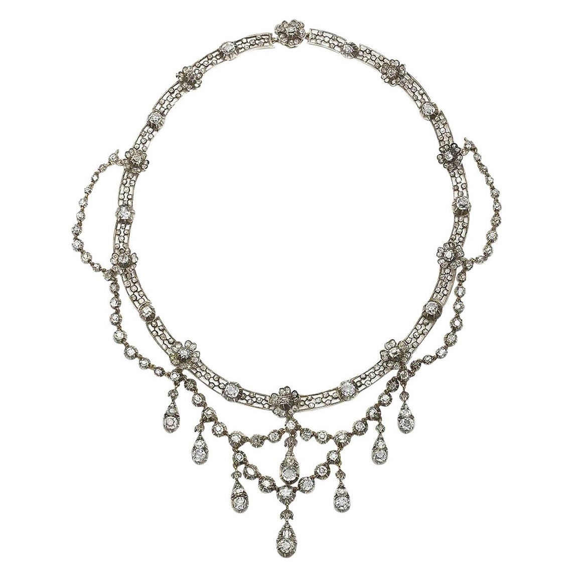 H. Bückmann German Belle Époque Diamond, Silver and Gold Necklace, Circa 1905 For Sale