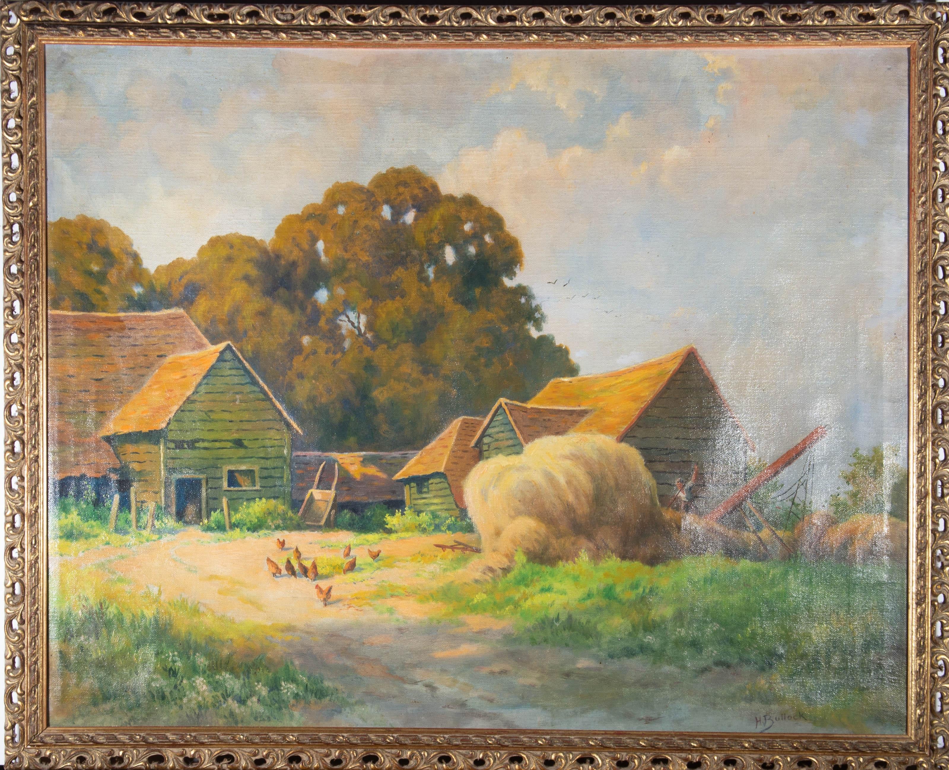 A view of a farmyard on a summer's day. Presented in a distressed pierced gilt-effect wooden frame. Signed to the lower-right edge. On canvas on stretchers.
