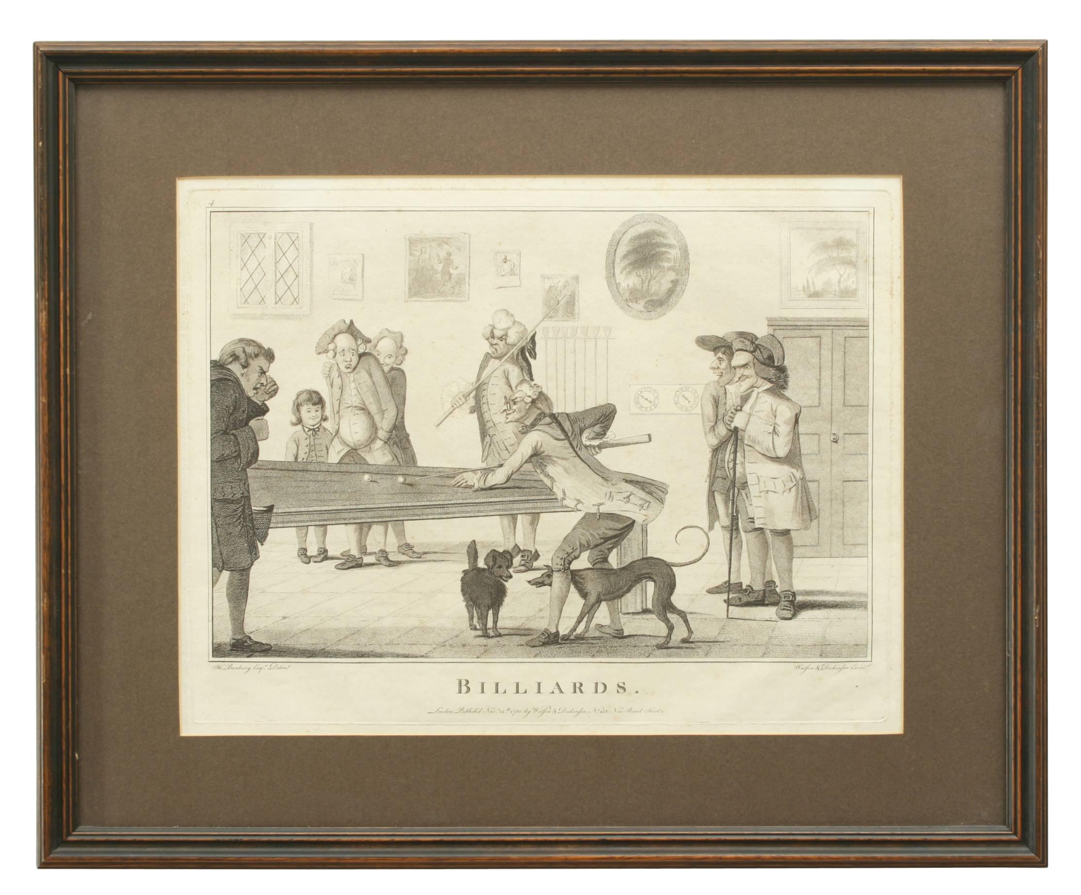 Billiard engraving after Henry Bunbury.
A framed and mounted stipple engraving after Henry Bunbury entitled 'Billiards'. The characterised picture depicts a group of men in the throws of a billiard match. Note they are playing with a more