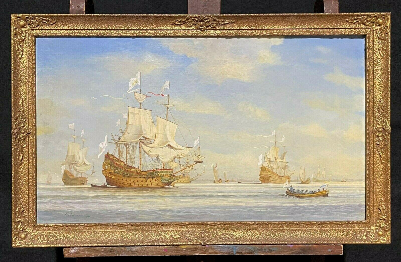 LARGE BRITISH HISTORICAL MARITIME OIL PAINTING - 17TH CENTURY SHIPS AT SEA - Painting by H. C. Arrowsmith