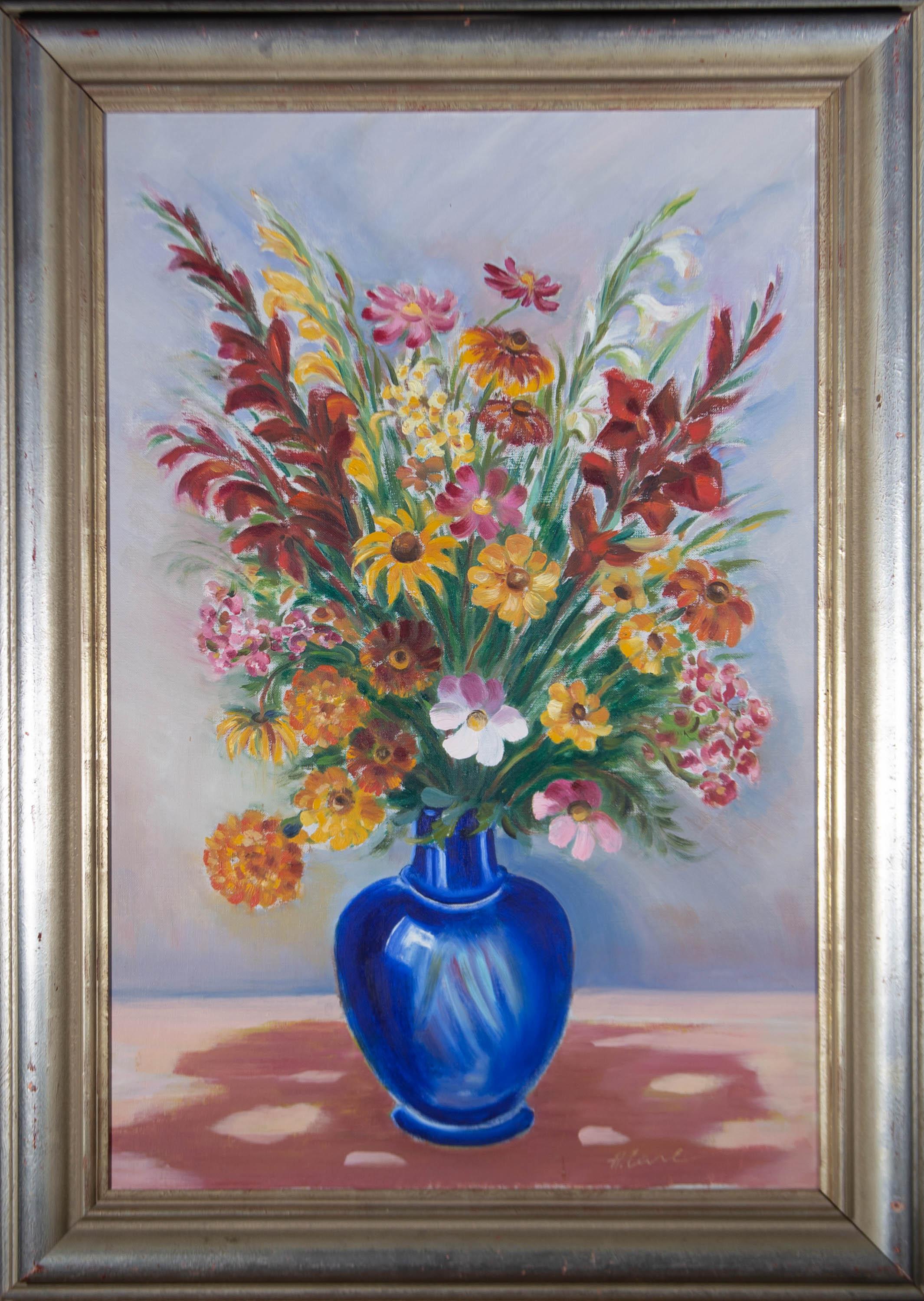 H. Carl - Grande huile du milieu du 20e siècle, fleurs dans un vase bleu 1
