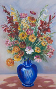 H. Carl - Grande huile du milieu du 20e siècle, fleurs dans un vase bleu
