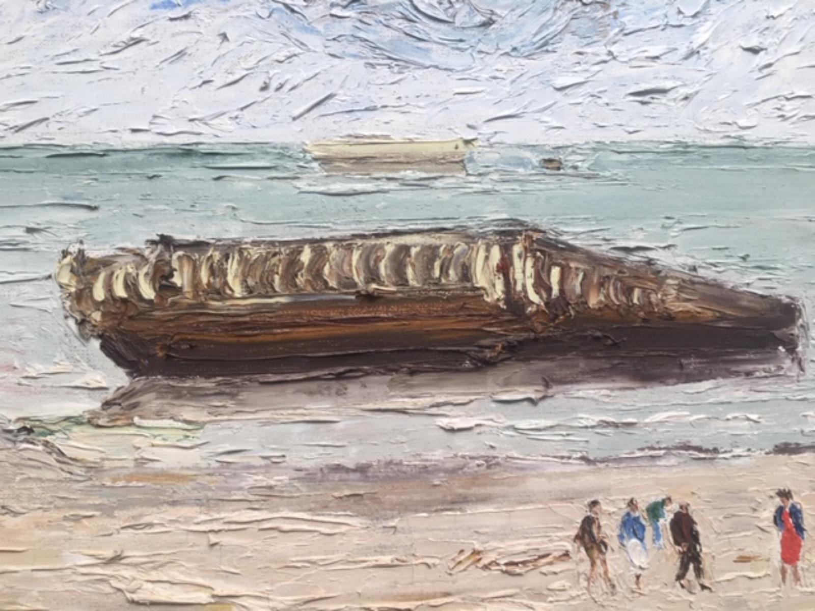 La Plage d'Arromanches, Oil on Canvas by H. Claude Pissarro - seascape For Sale 1