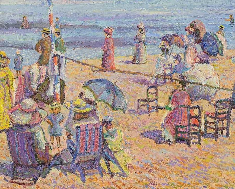 La Plage d'Houlgate en Auge (Normandie) par H. Claude Pissarro - Peinture à l'huile en vente 2