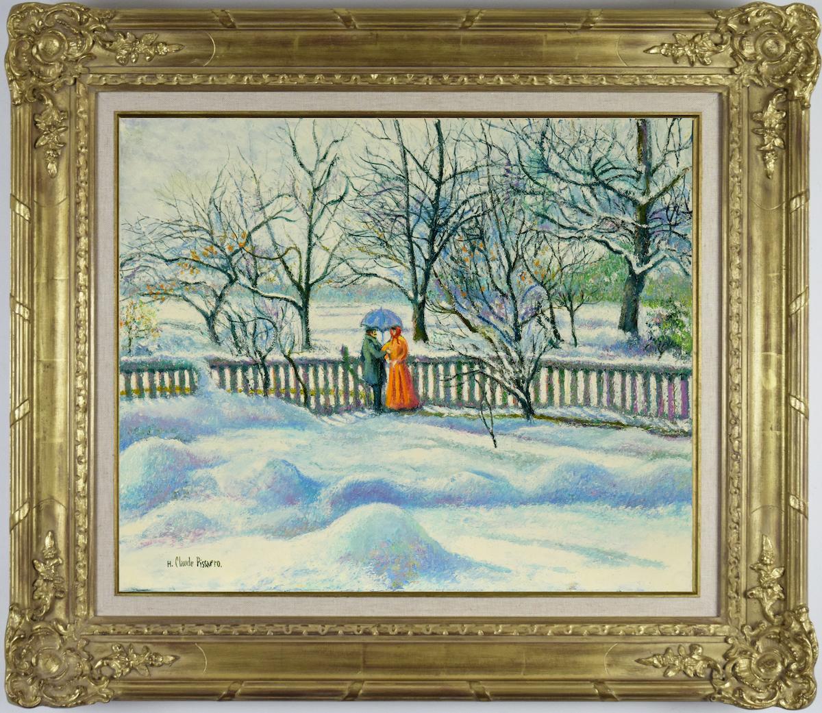 Neige au Manoir de Miettes (Le Parapluie Bleu), Oil on Canvas, 2019 - Post-Impressionist Painting by H. Claude Pissarro