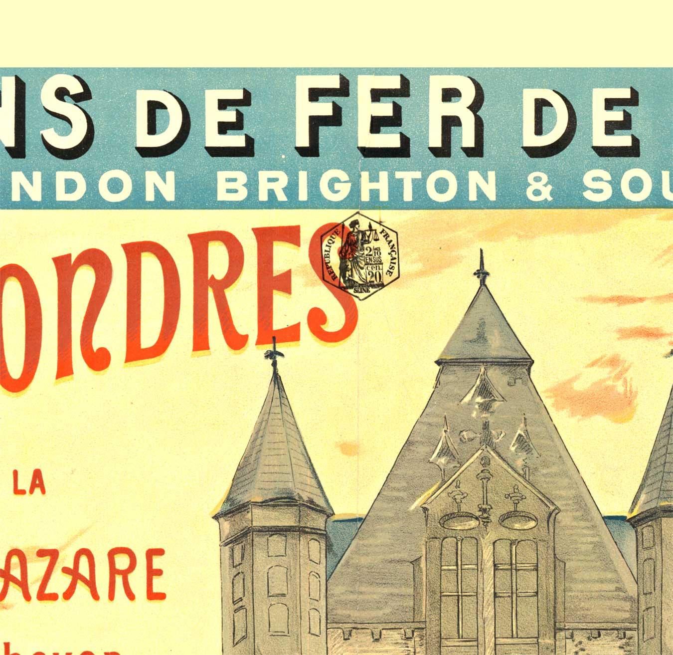 Original ‘Chemin de Fer de L'Ouest; Paris a Londres’ vintage travel poster.    Antique original European travel poster from circa 1880-1900 stone lithograph to travel by train from Paris (boat) to London.   Printed by B. Sirven, Paris, 

The image