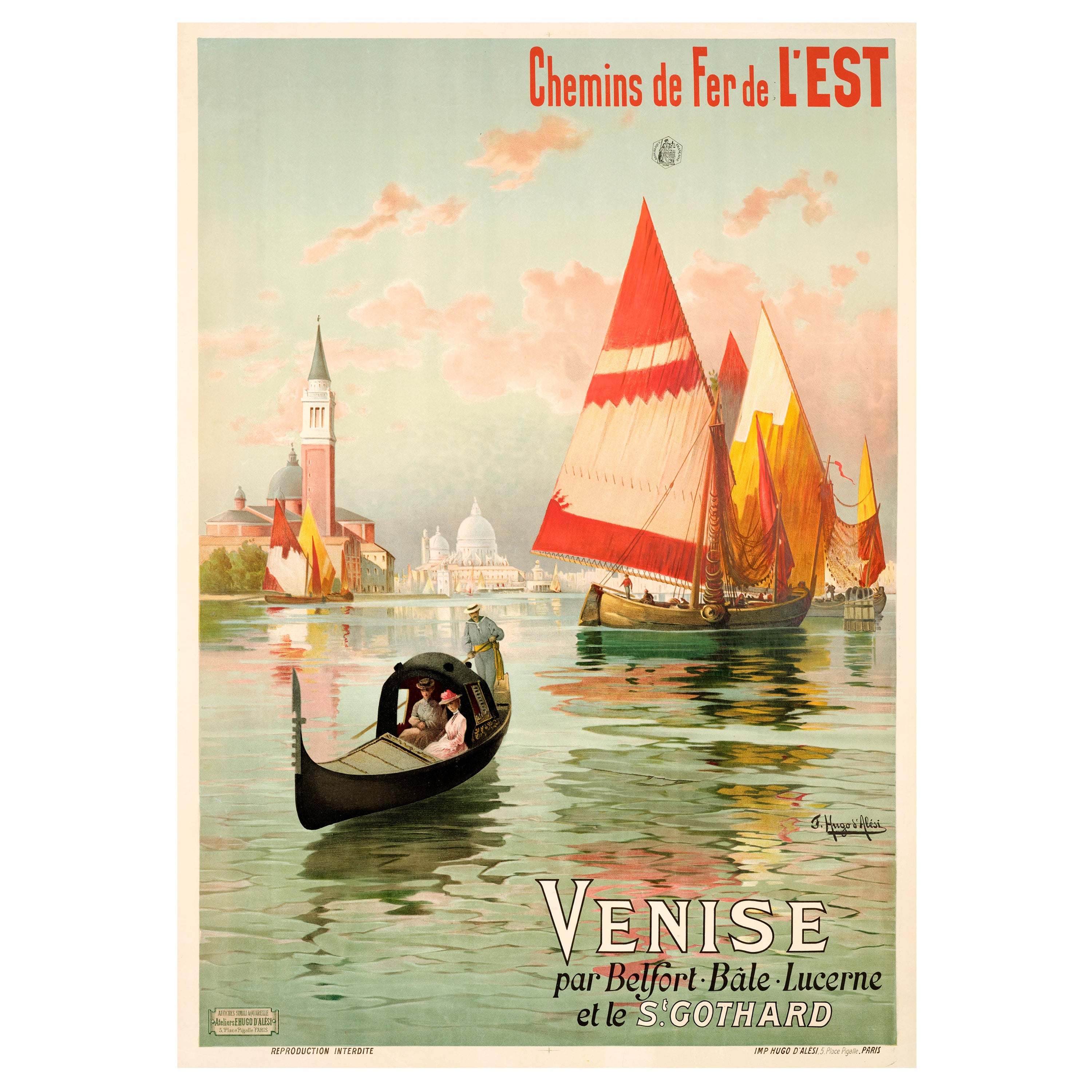 H d
Alesi, Original Poster Travel Poster, Venice Gondola Bragozzo San Marco 1890