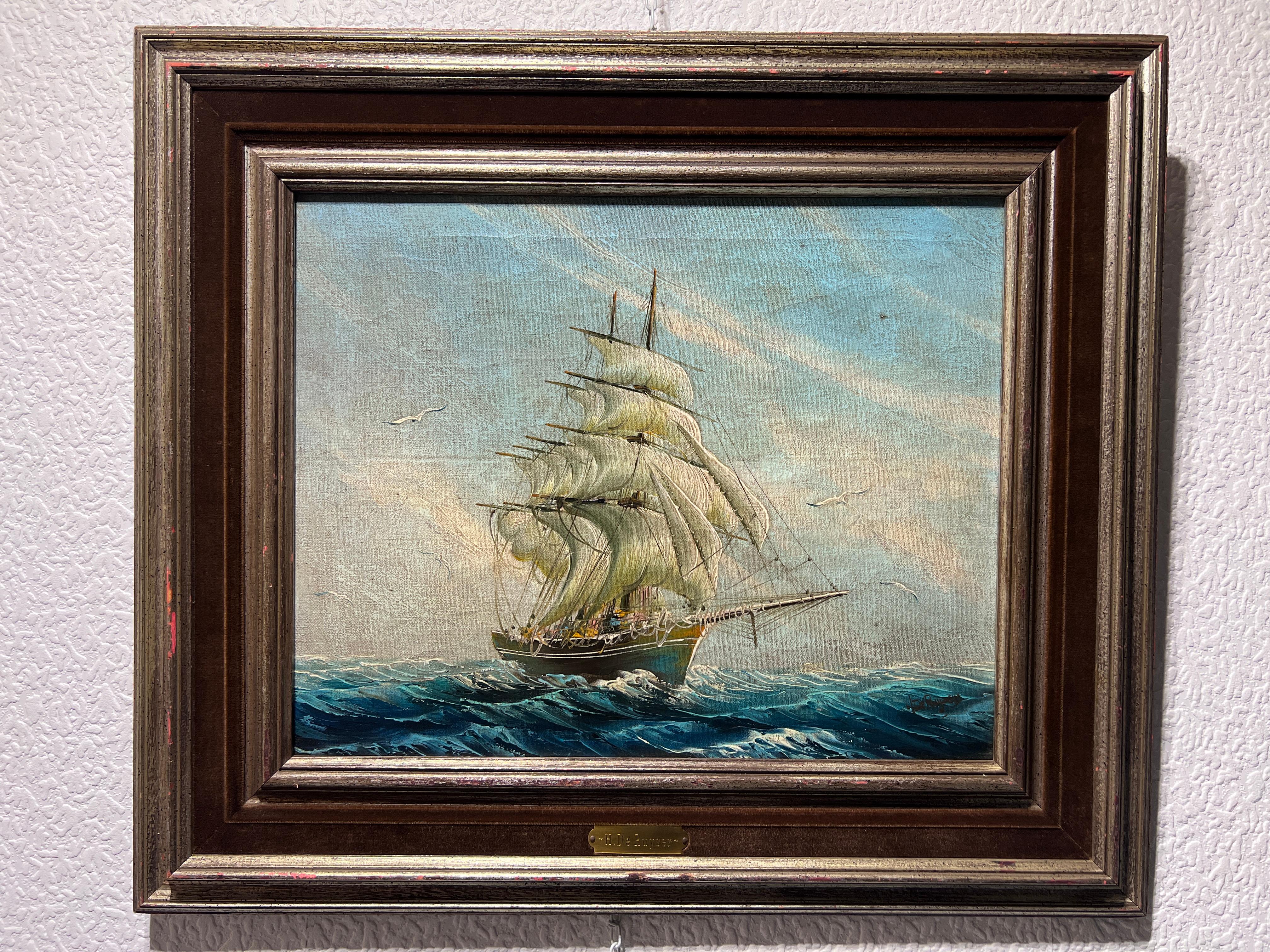 H. De Ruyser Peinture à l'huile sur toile d'époque, paysage marin, encadrée en vente 1