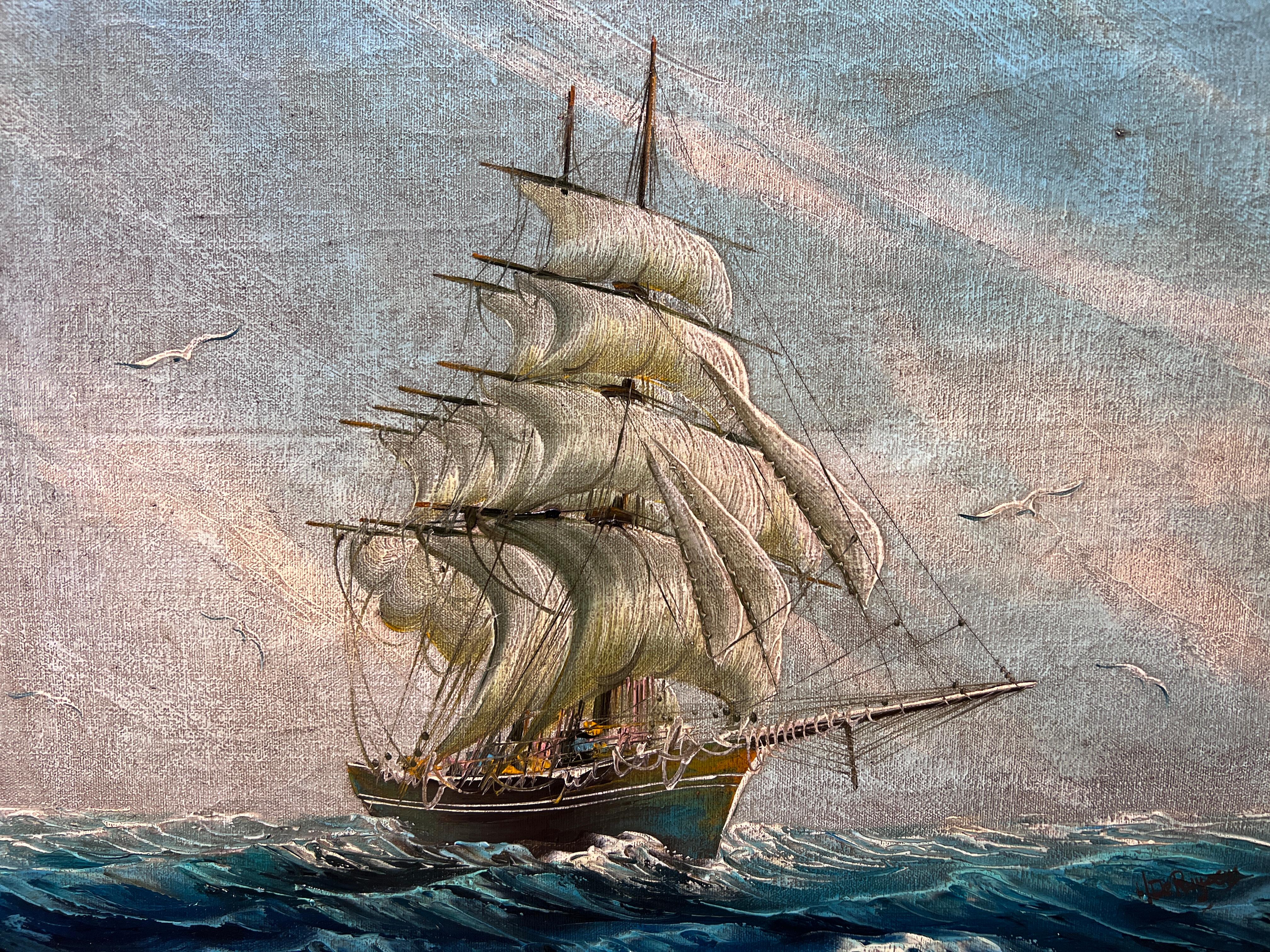 H. De Ruyser Peinture à l'huile sur toile d'époque, paysage marin, encadrée en vente 2