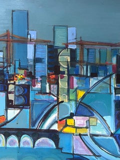 Huge 20th Century French Cubist Abstract Cityscape in Blue Amazing Colors