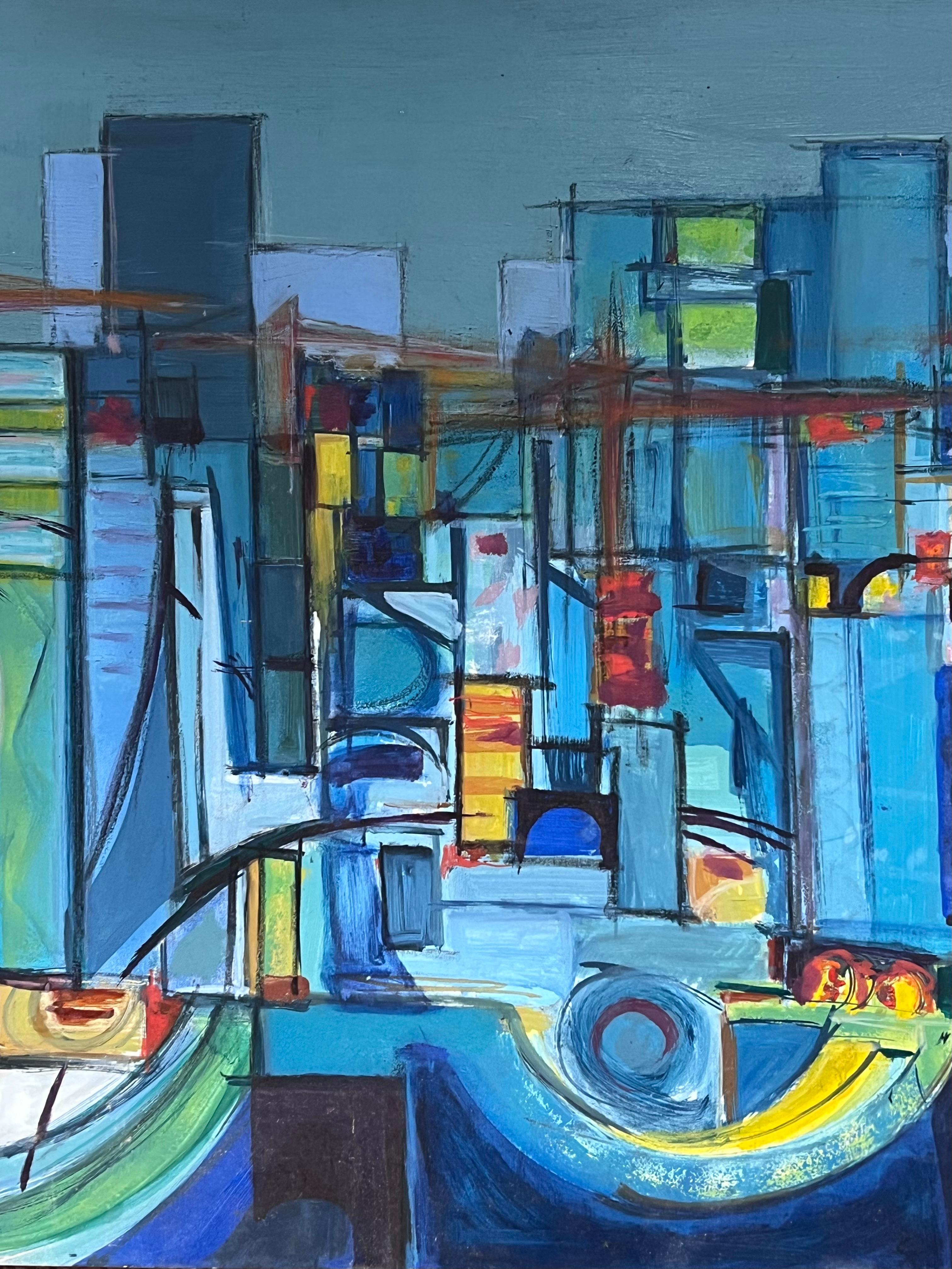 Große abstrakte französische kubistische Stadtlandschaft des 20. Jahrhunderts in blauen erstaunlichen Farben (Blau), Abstract Painting, von H. De Sainte Foi
