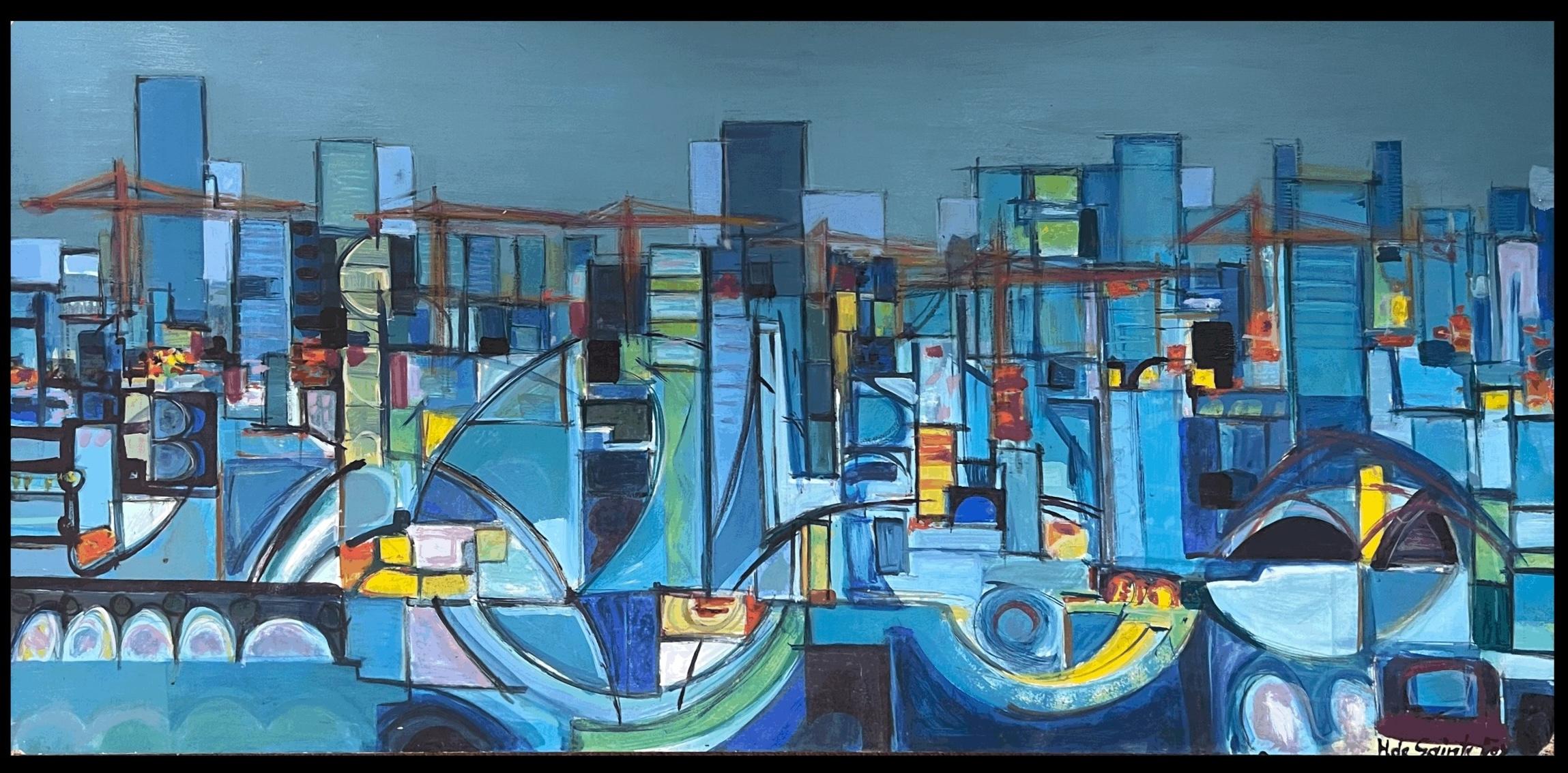 Huge 20th Century French Cubist Abstract Cityscape in Blue Amazing Colors