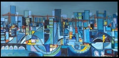 Huge 20th Century French Cubist Abstract Cityscape in Blue Amazing Colors