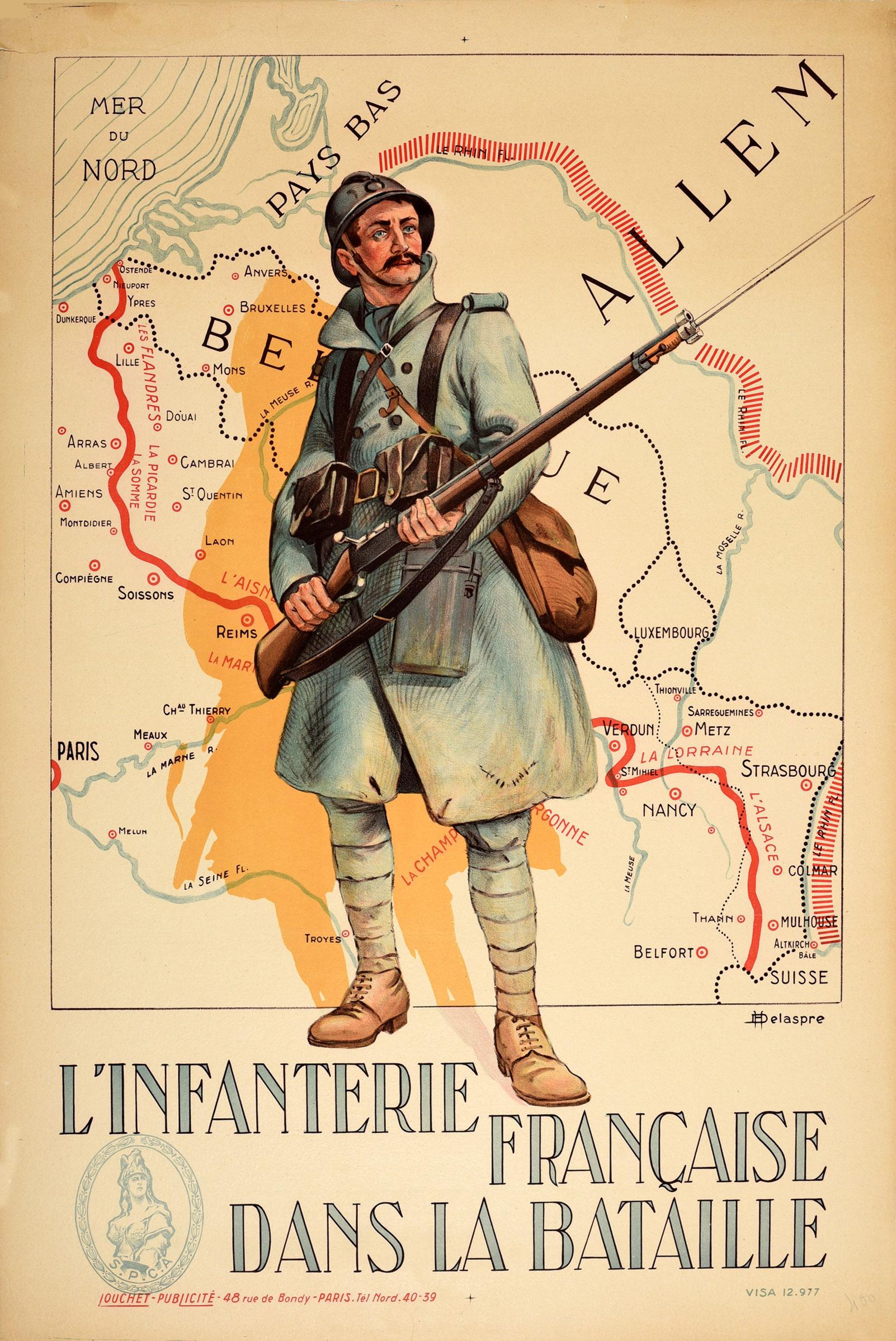 H Delaspre Print - Original Antique Poster French Infantry In Battle WWI Hindenburg Line Europe Map