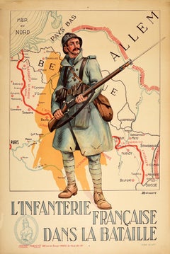 Original Antique Poster French Infantry In Battle WWI Hindenburg Line Europe Map