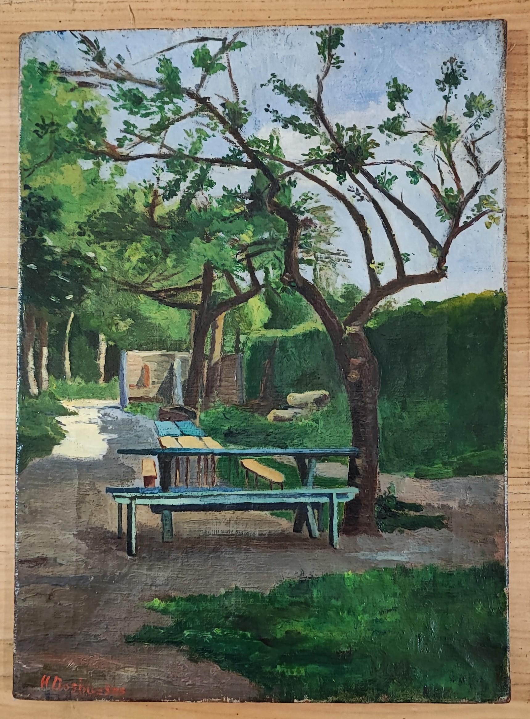Kaffee Fajolle Garten, Akazien Genf – Painting von H. Doshueses