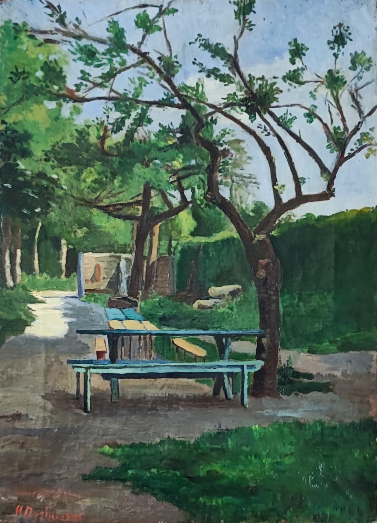 H. Doshueses Figurative Painting – Kaffee Fajolle Garten, Akazien Genf