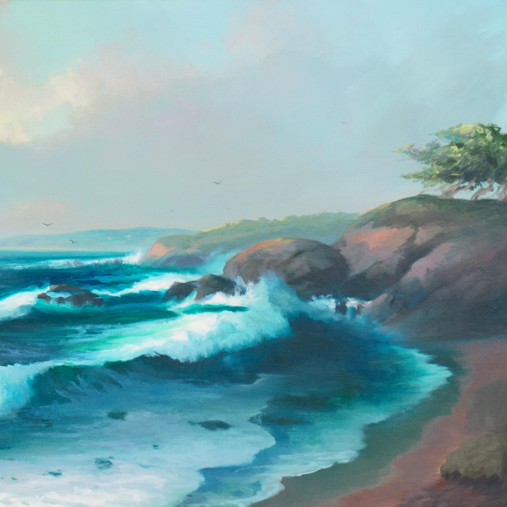 Très grande huile « Pacifique coucher de soleil », Huntington Beach Art League, Maui, Hawaï - Bleu Landscape Painting par H. Evan Sanders