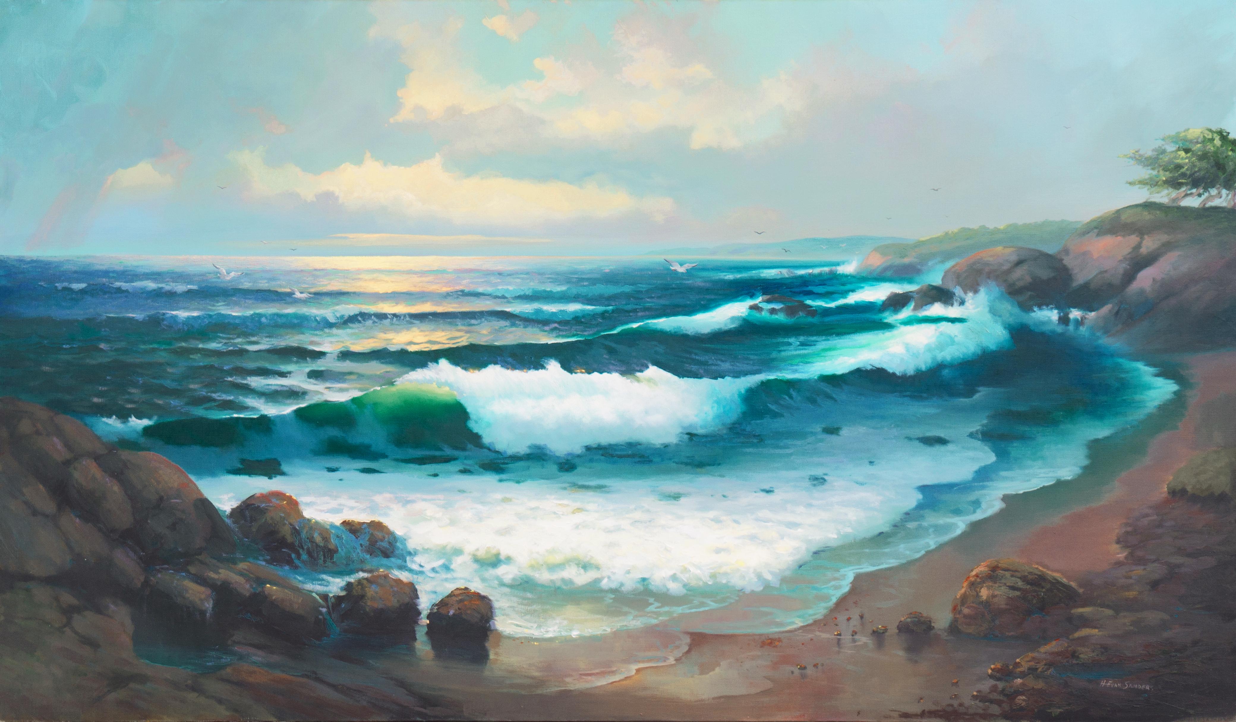 Landscape Painting H. Evan Sanders - Très grande huile « Pacifique coucher de soleil », Huntington Beach Art League, Maui, Hawaï