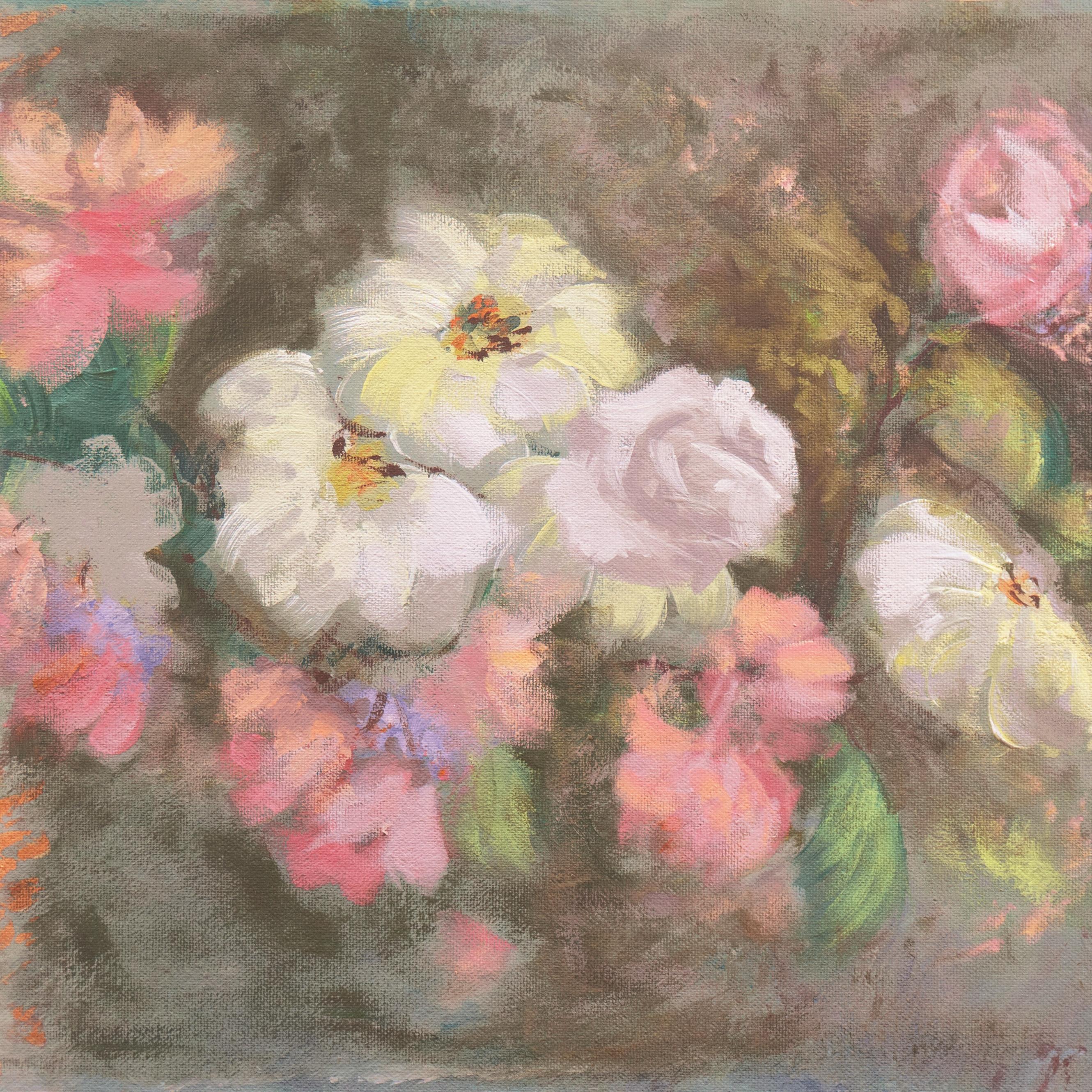 'Still Life of Flowers, Parchment and Rose', Huntington Beach Art League, Hawaii - Brown Still-Life Painting by H. Evan Sanders