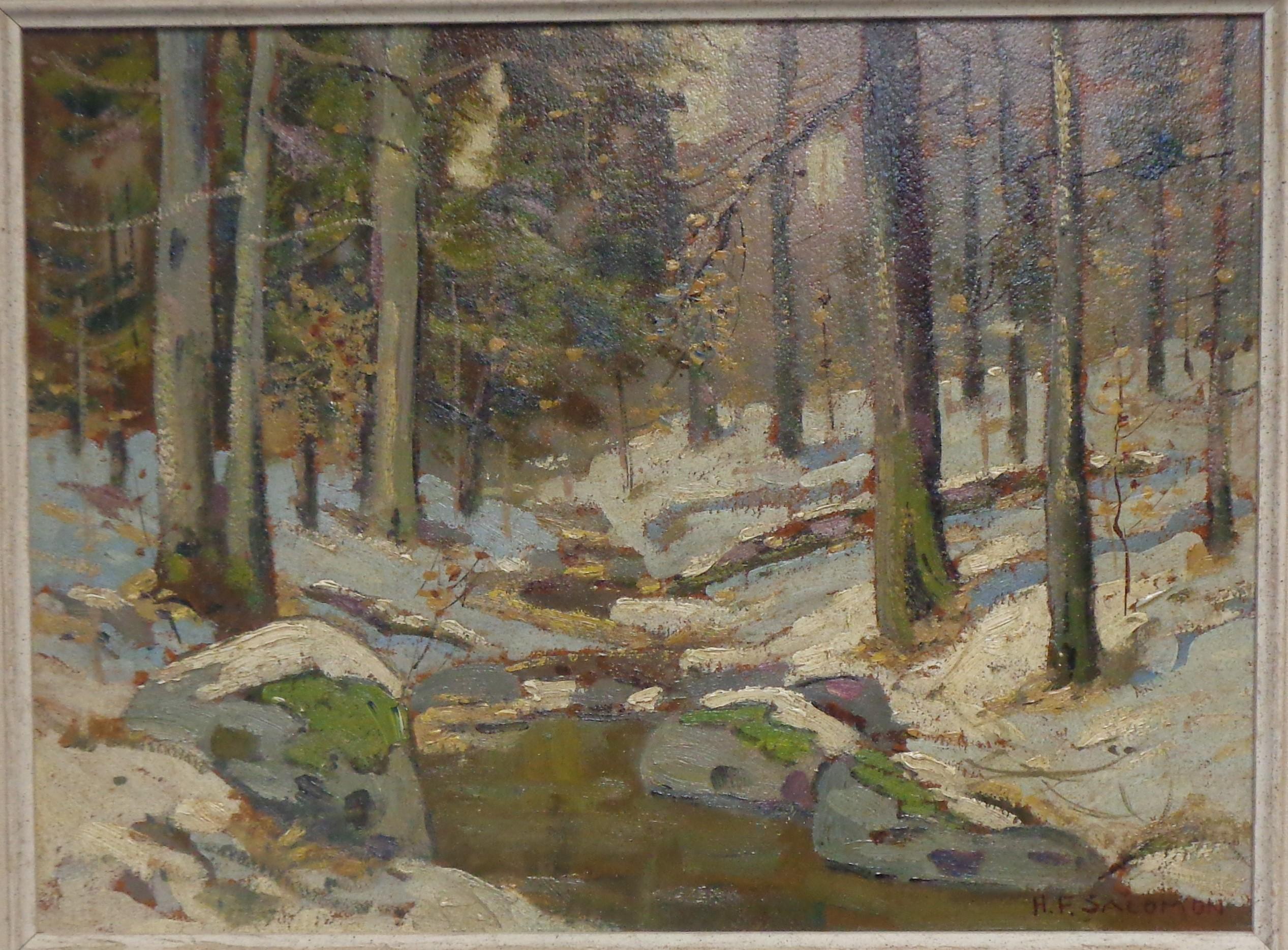 American Impressionist New York Artist H F Saloman Oil Painting Winter Brook For Sale 1