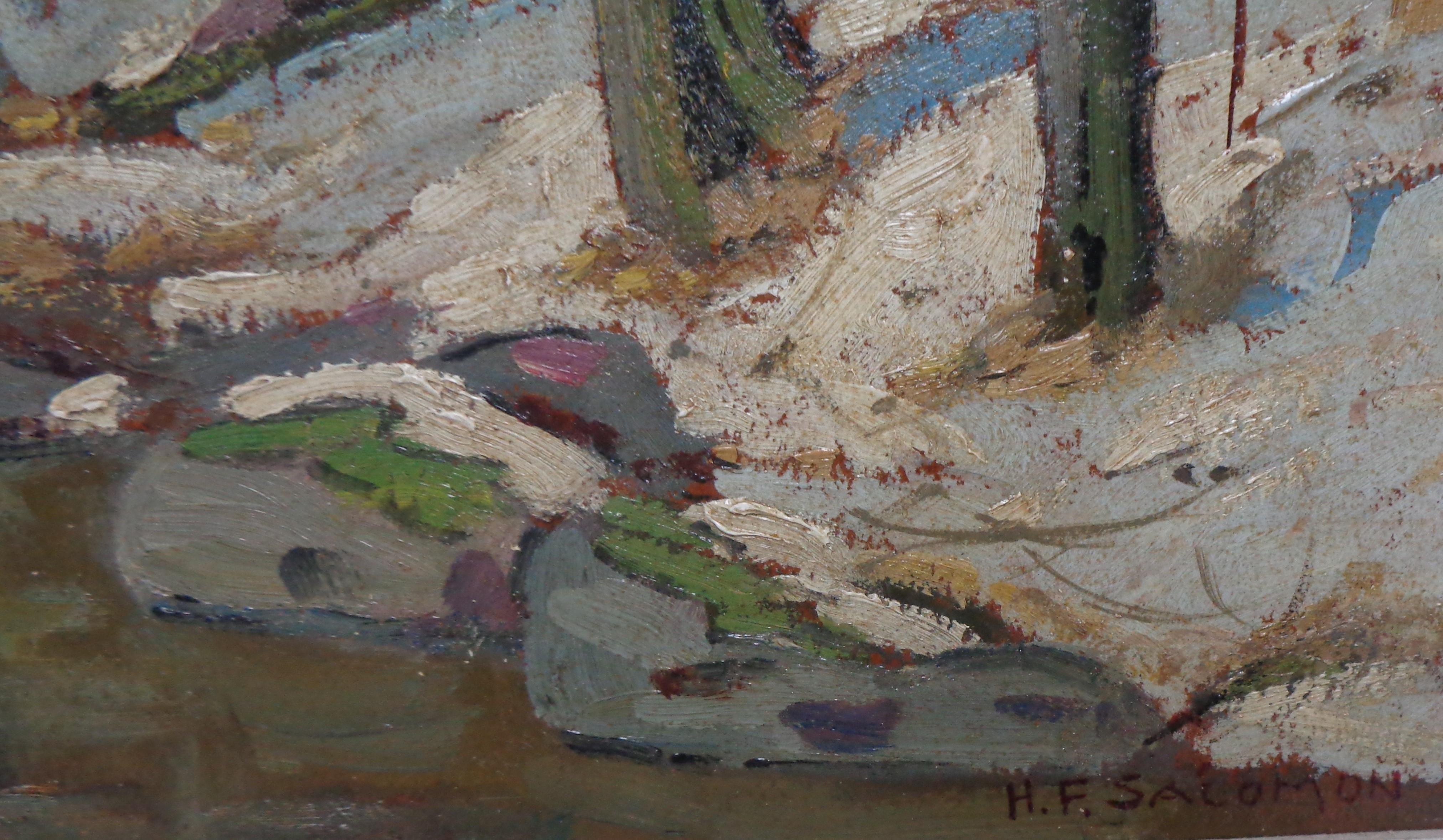 American Impressionist New York Artist H F Saloman Oil Painting Winter Brook For Sale 2