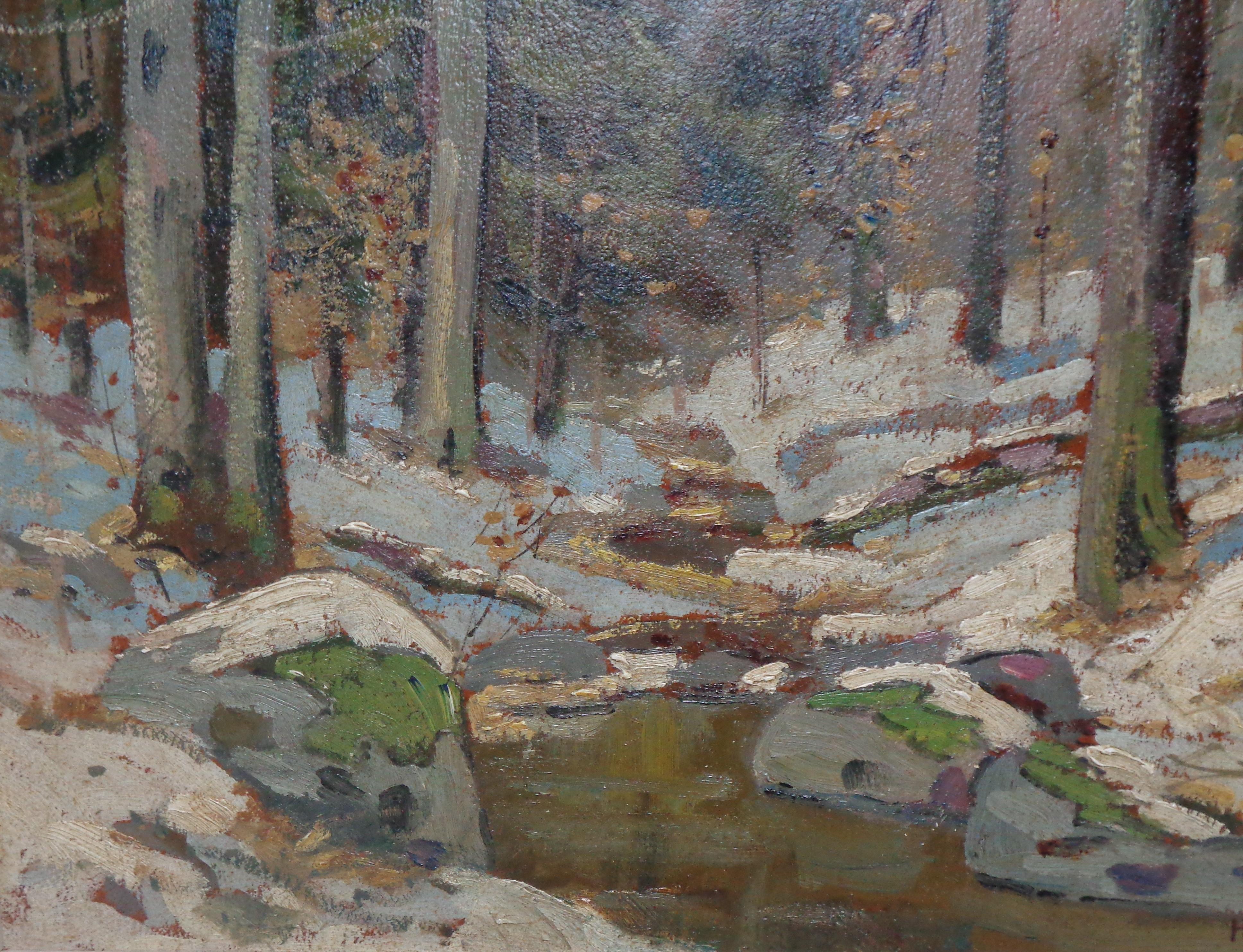 American Impressionist New York Artist H F Saloman Oil Painting Winter Brook For Sale 3