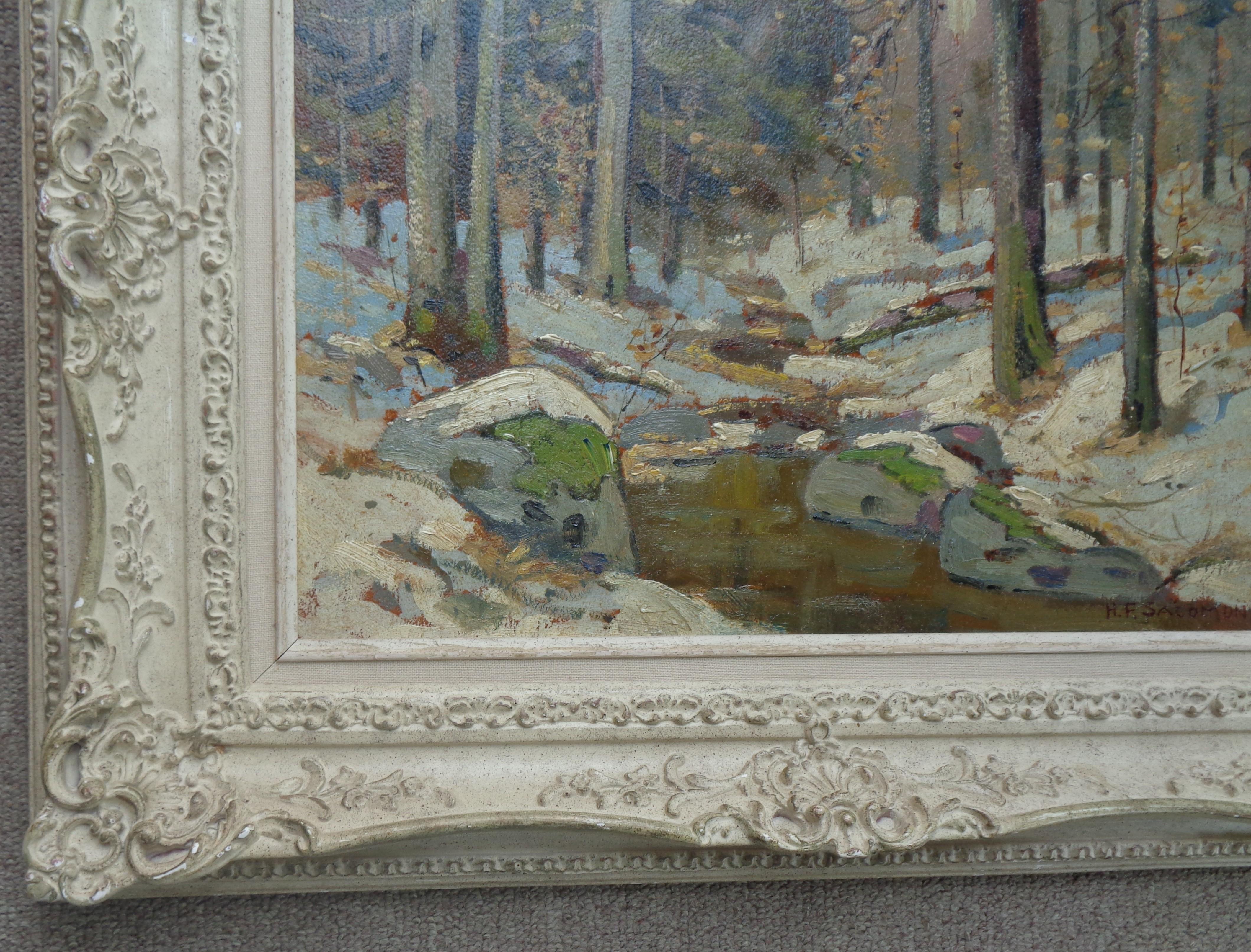 American Impressionist New York Artist H F Saloman Oil Painting Winter Brook For Sale 4