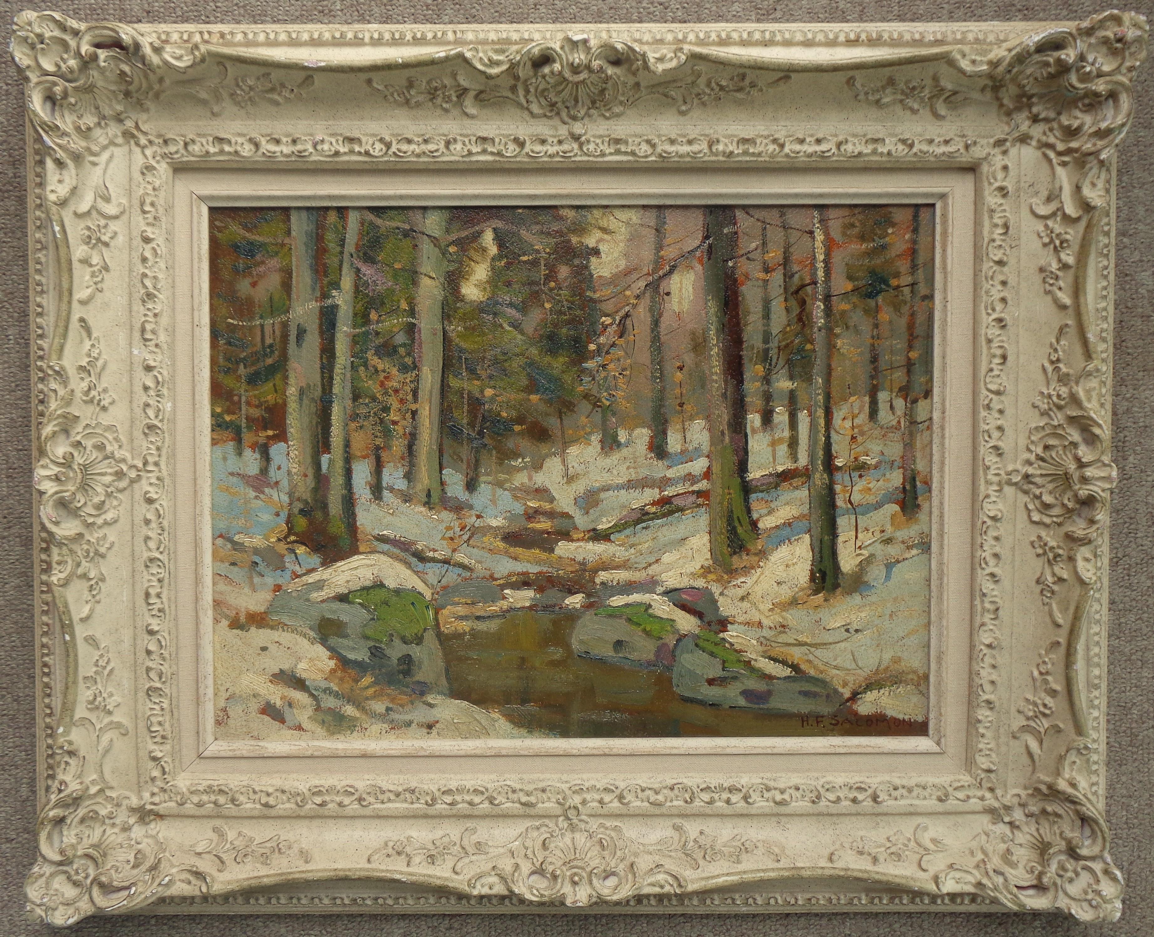 H F Saloman
Brook In Winter
oil/board
11.50 x 15.50 unframed sight size, 19.25 x 23.25 x 2.5 framed

American, 1914-2000
Early 20th century H.F. Salomon American Impressionist landscape painting. 
A beautiful 1920s / 1930s American impressionist