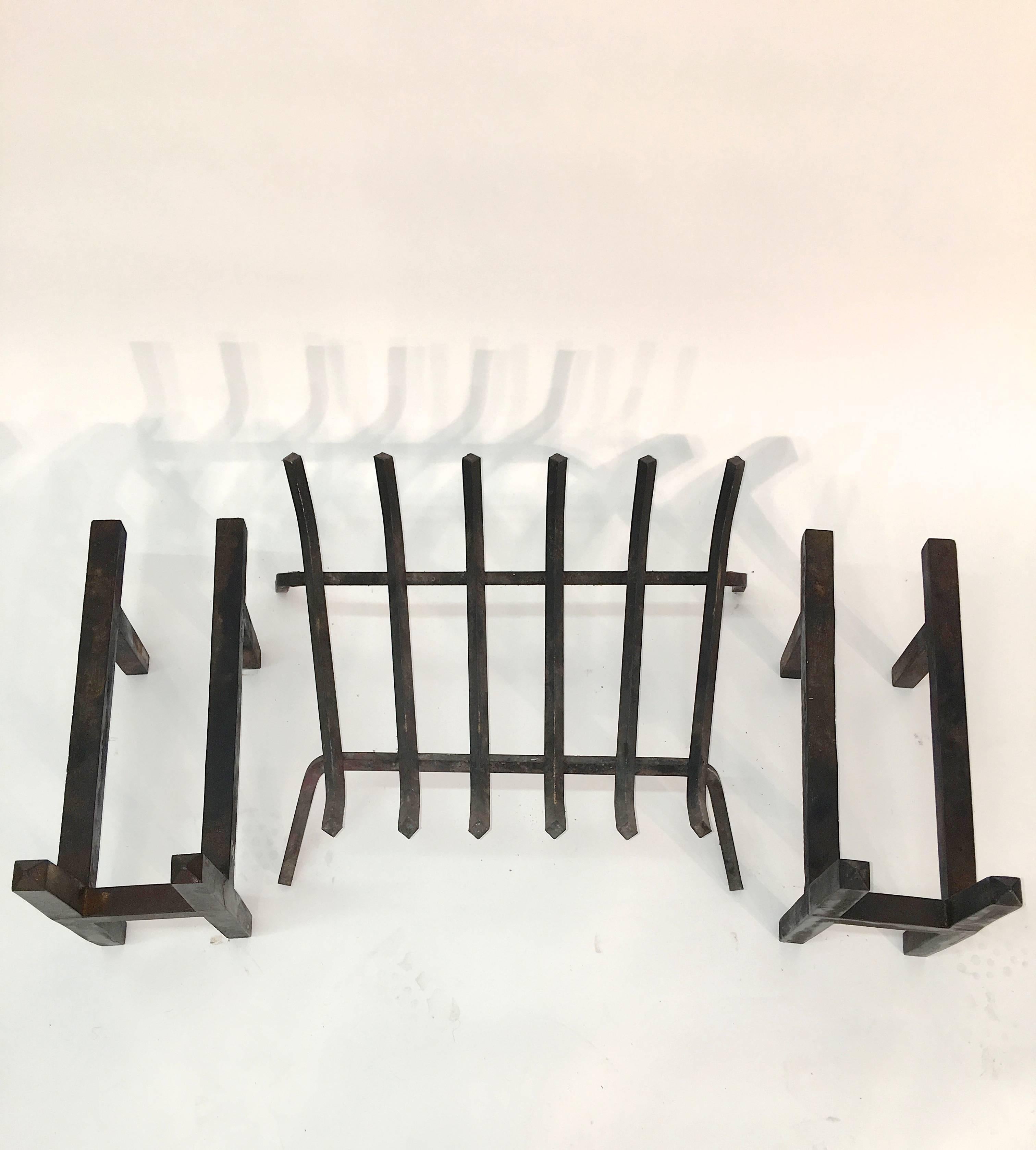 Mid-Century Modern H-Form Cast Iron Andirons and Fire Log Basket by William H. Jackson Co. For Sale