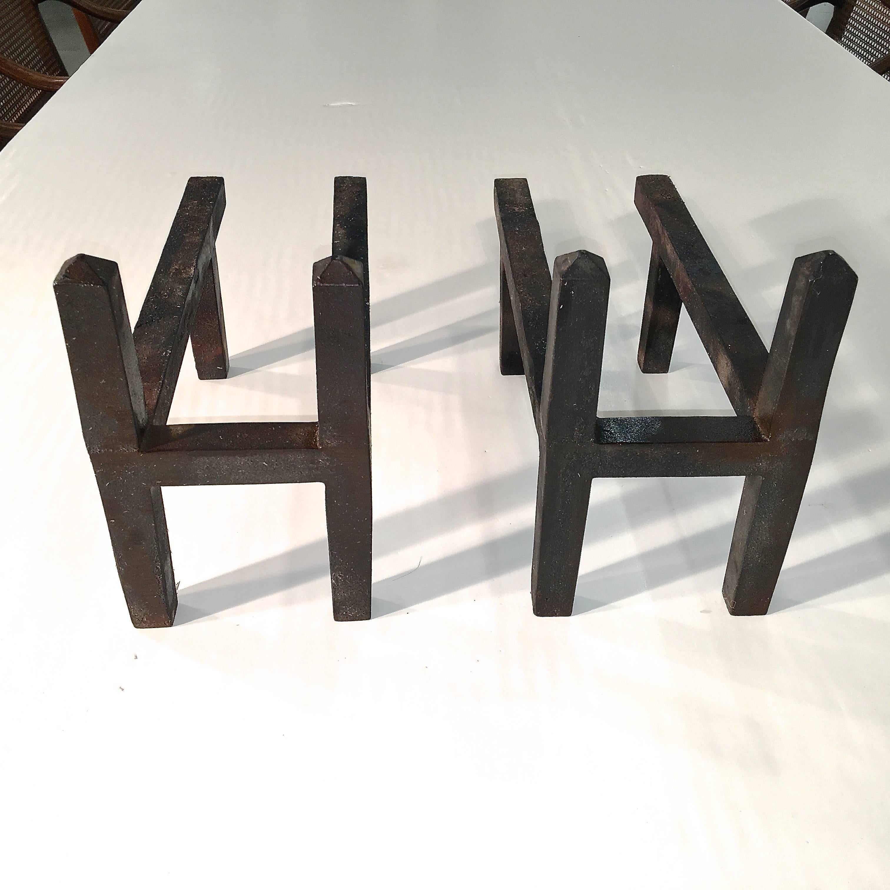 H-Form Cast Iron Andirons and Fire Log Basket by William H. Jackson Co. In Good Condition For Sale In Hanover, MA