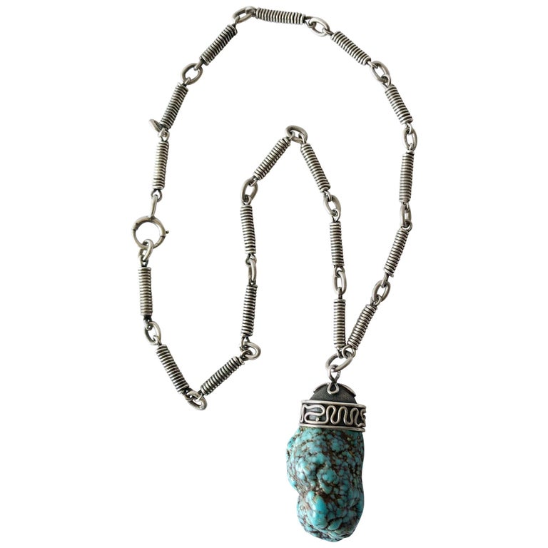 H. Fred Skaggs Arizona Modern Sterling Silver Sea Foam Turquoise Necklace For Sale