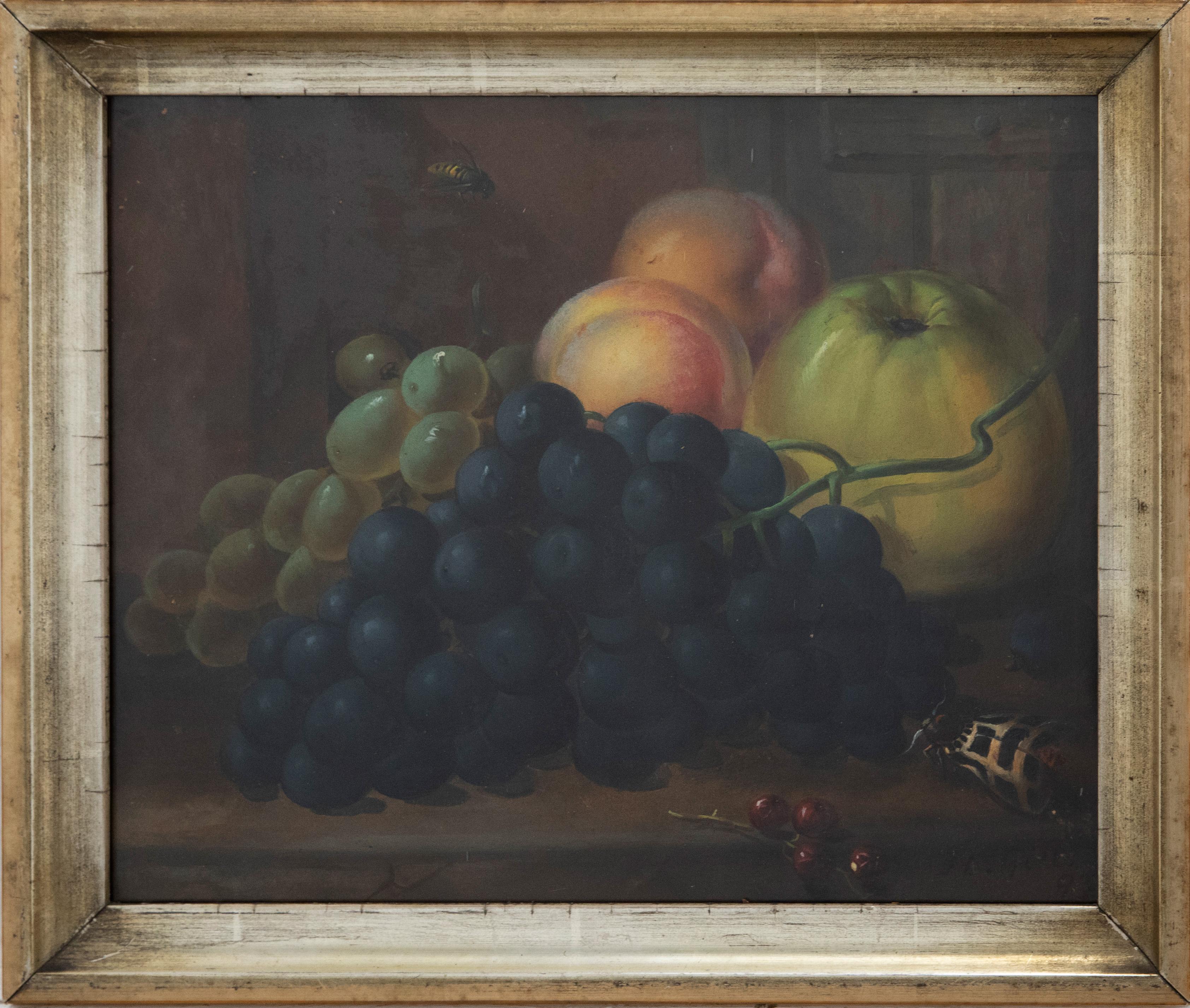 A particularly fine 19th century still life of green and black grapes, with a large cooking apple and sweet nectarines. A creeping moth and hovering wasp bring a Dutch master feel to the well paint oil. Signed and dated to the lower right. Presented