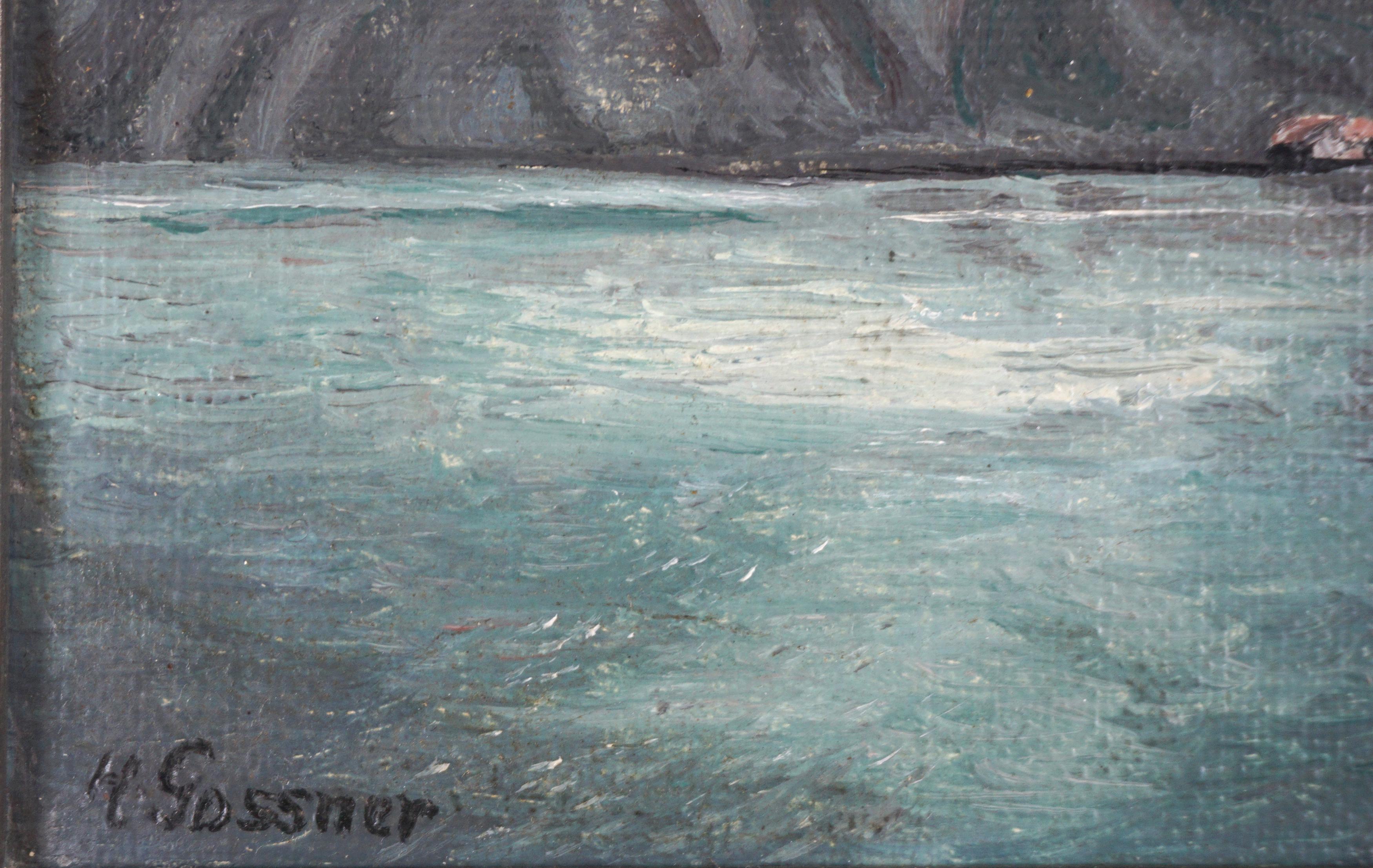 Merveilleux paysage vintage peint à l'huile représentant le lac Konigssee, en Allemagne, par H. Gossner (allemand, 20e siècle), vers 1940. Signé en bas à gauche. Note au verso : 