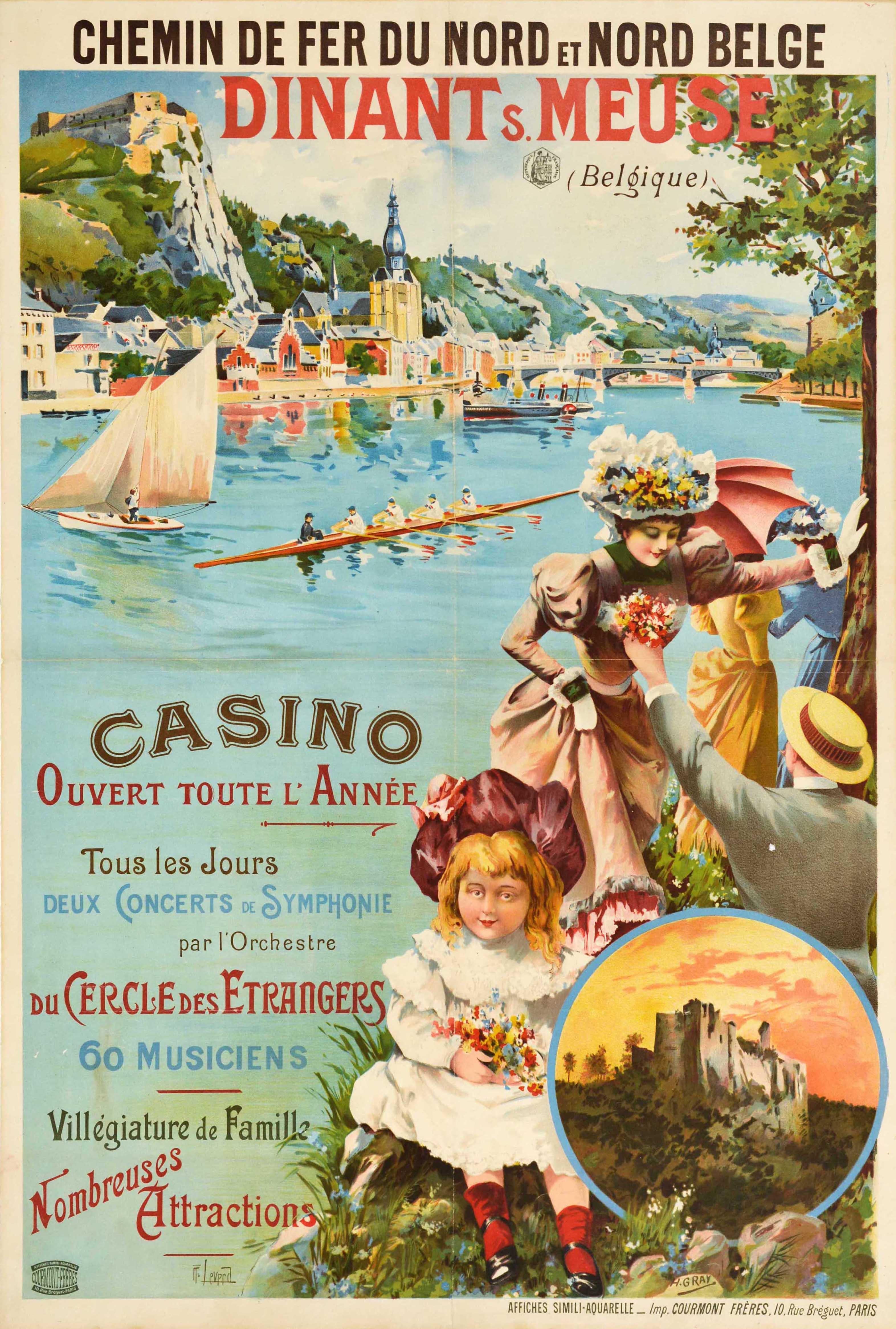 H Gray Print - Original Antique North Belgium Railway Travel Poster Dinant Sur Meuse Belgique