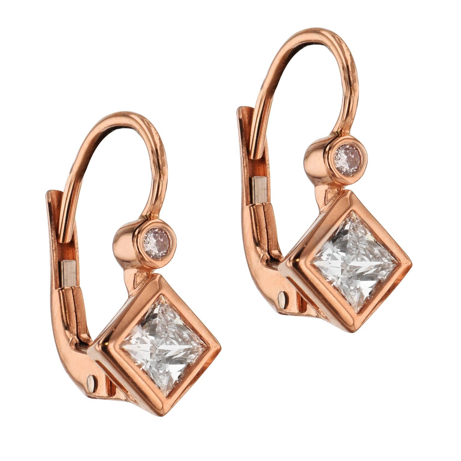 0.51 Carat Bezel Set Square Diamonds Set in 18 karat Gold Lever-Back Earrings

18 karat rose gold shimmers with warmth and romance in these one of a kind, handmade earrings, by H&H Jewels. 
They feature bezel set 0.51 carat total weight