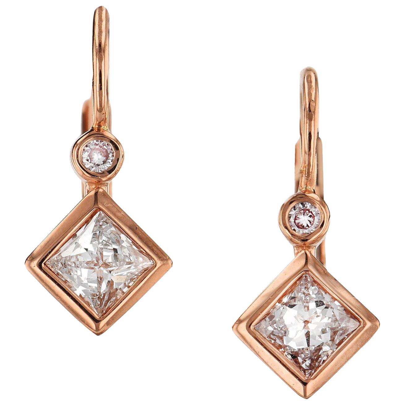 0.51 Carat Bezel Set Square Diamonds Set in 18 karat Gold Lever-Back Earrings