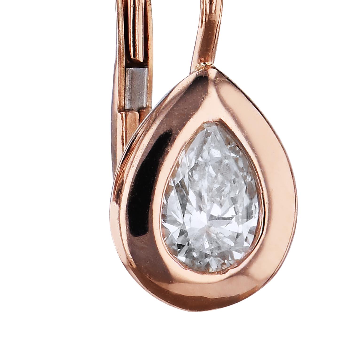 Pear Cut 0.57 Carat Pear-Shaped Diamond 18 karat Rose Gold Lever-Back Earrings Handmade