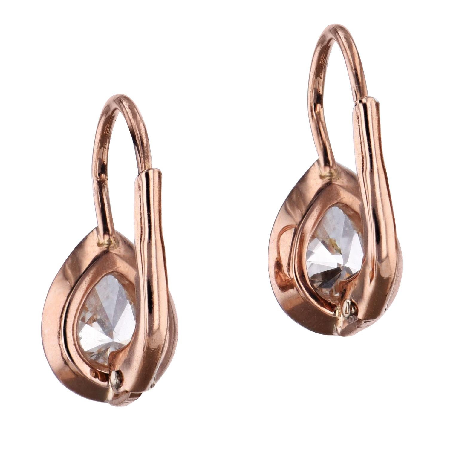 0.57 Carat Pear-Shaped Diamond 18 karat Rose Gold Lever-Back Earrings Handmade In New Condition In Miami, FL