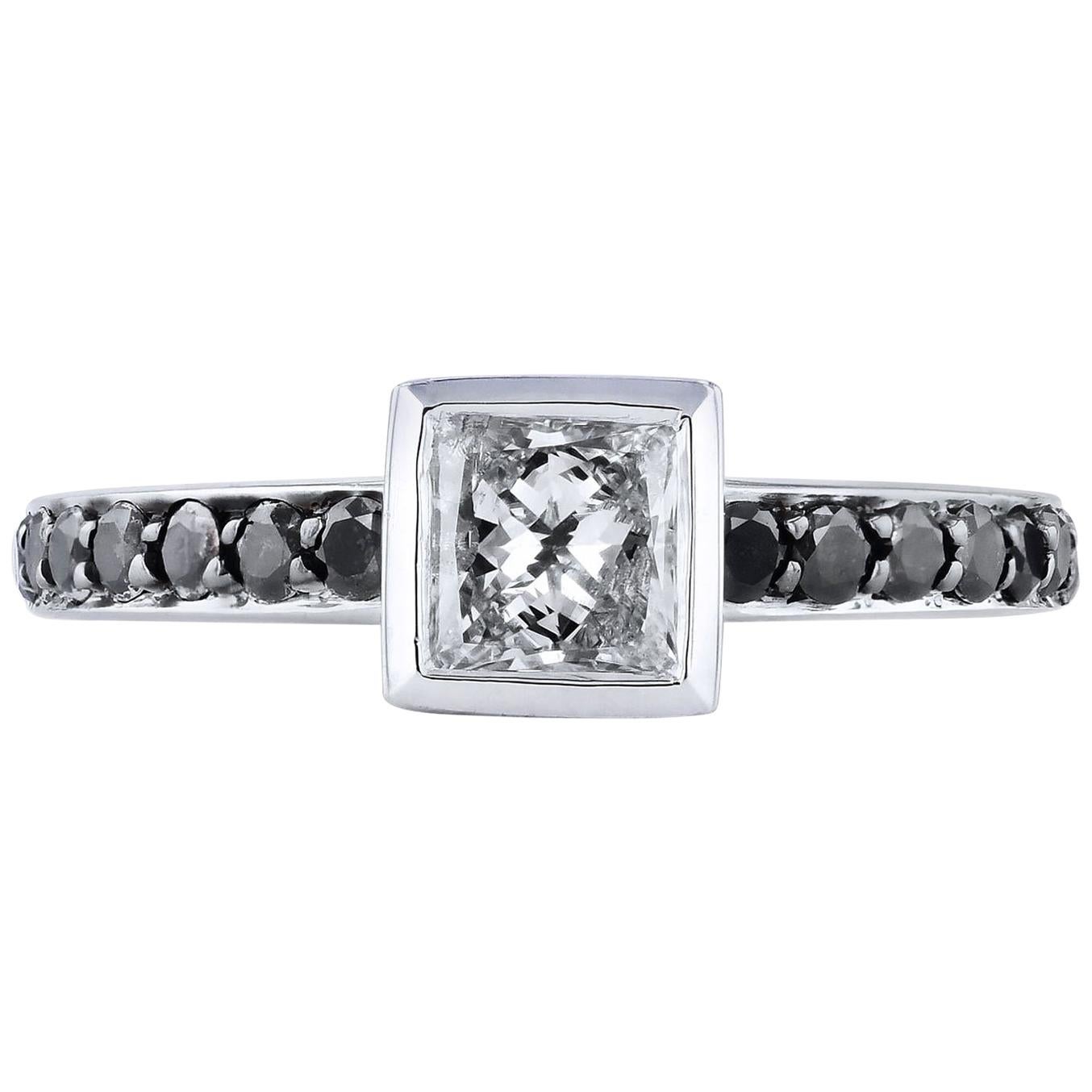 0.58 Carat Princess Cut Diamond with Black Diamond Pave Engagement Ring Size 6.5 For Sale